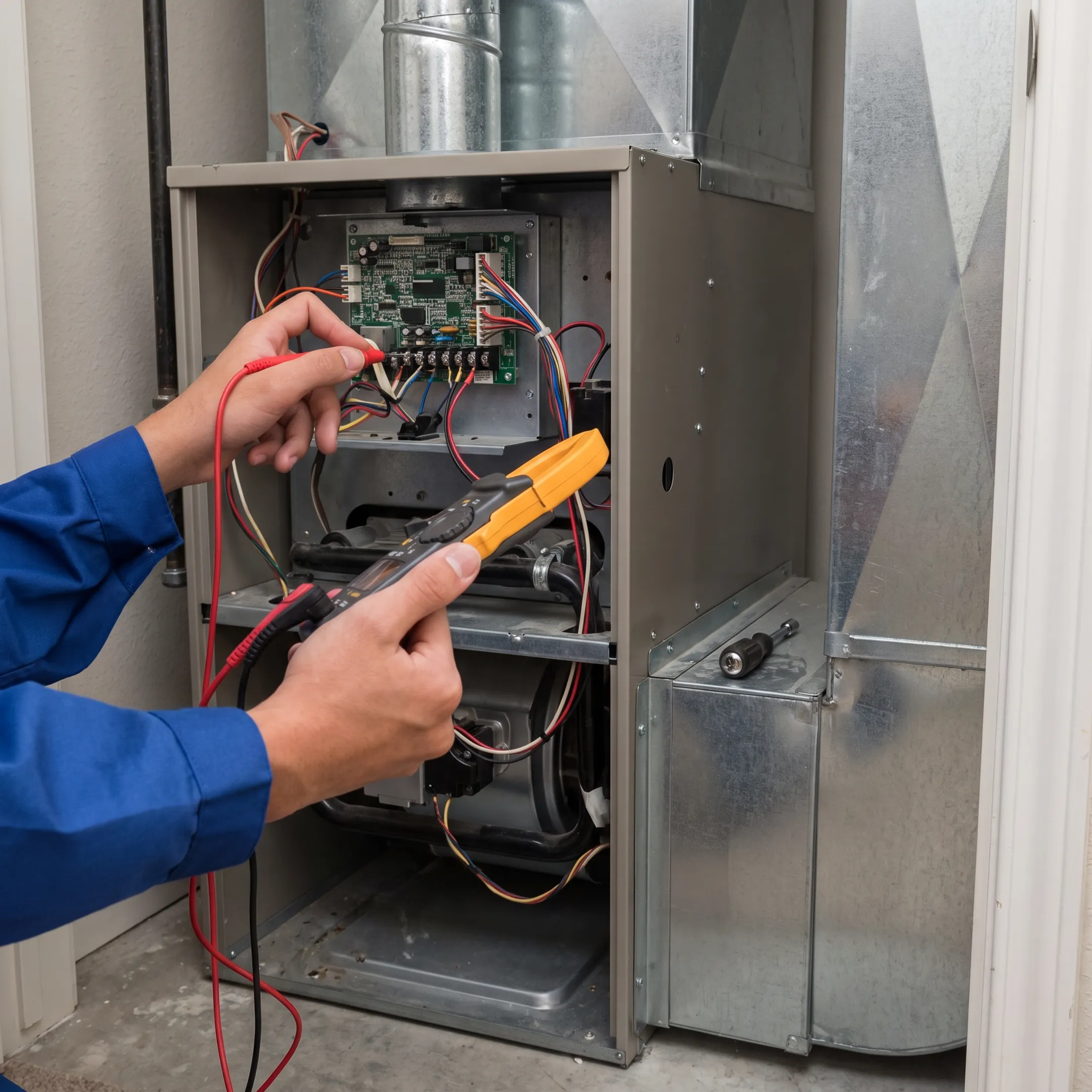 Technician inspecting a residential heating and air conditioning system in Texas