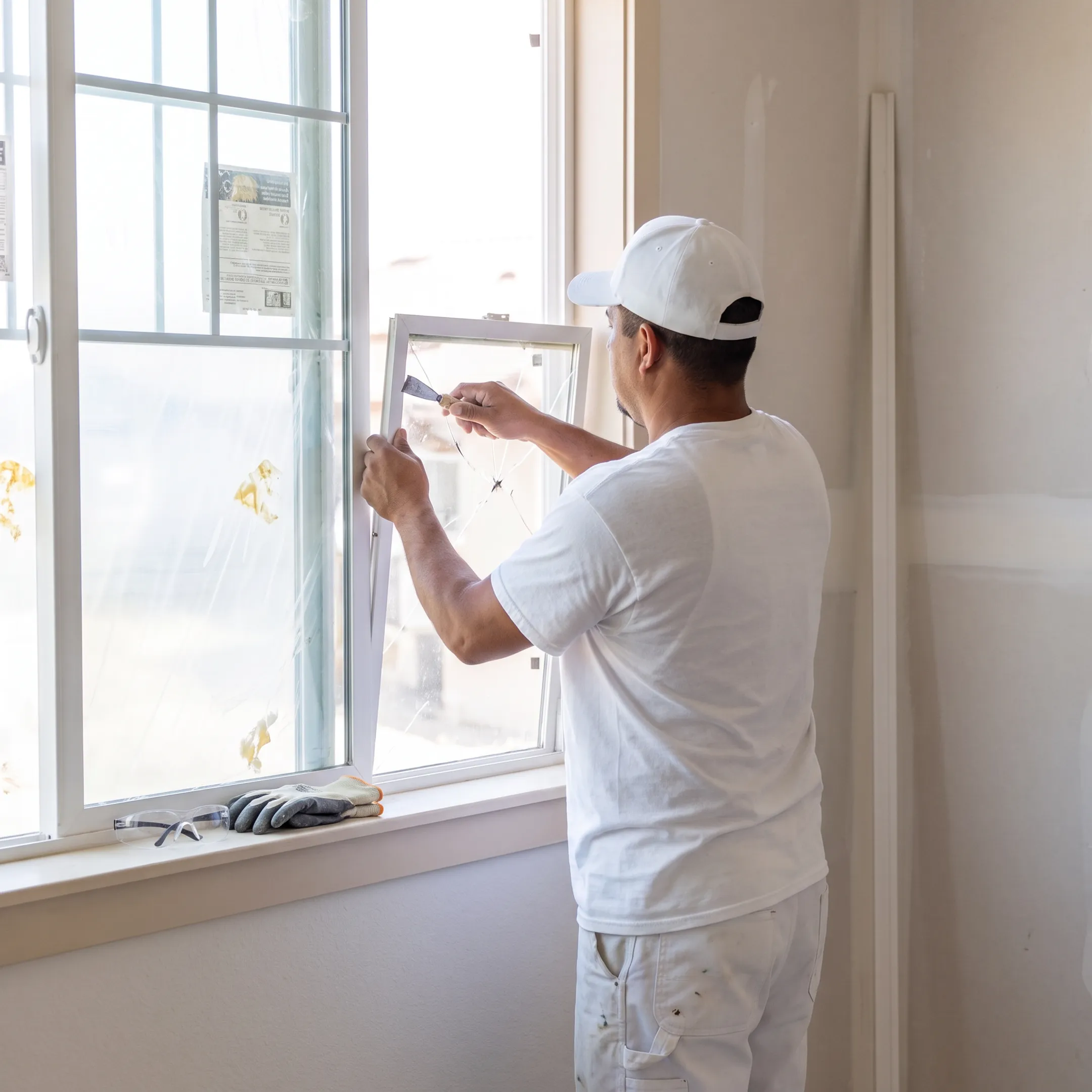 Technician repairing a residential window in a San Antonio home