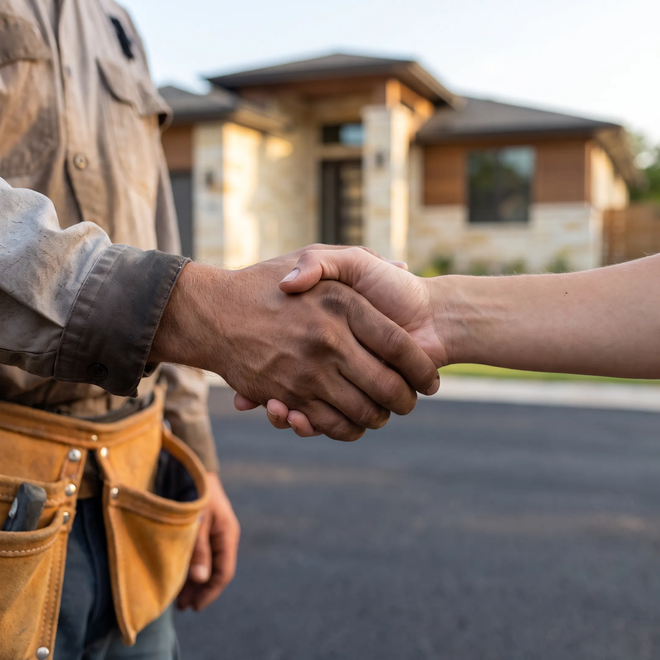 Contractor reviewing an asphalt paving project with a homeowner