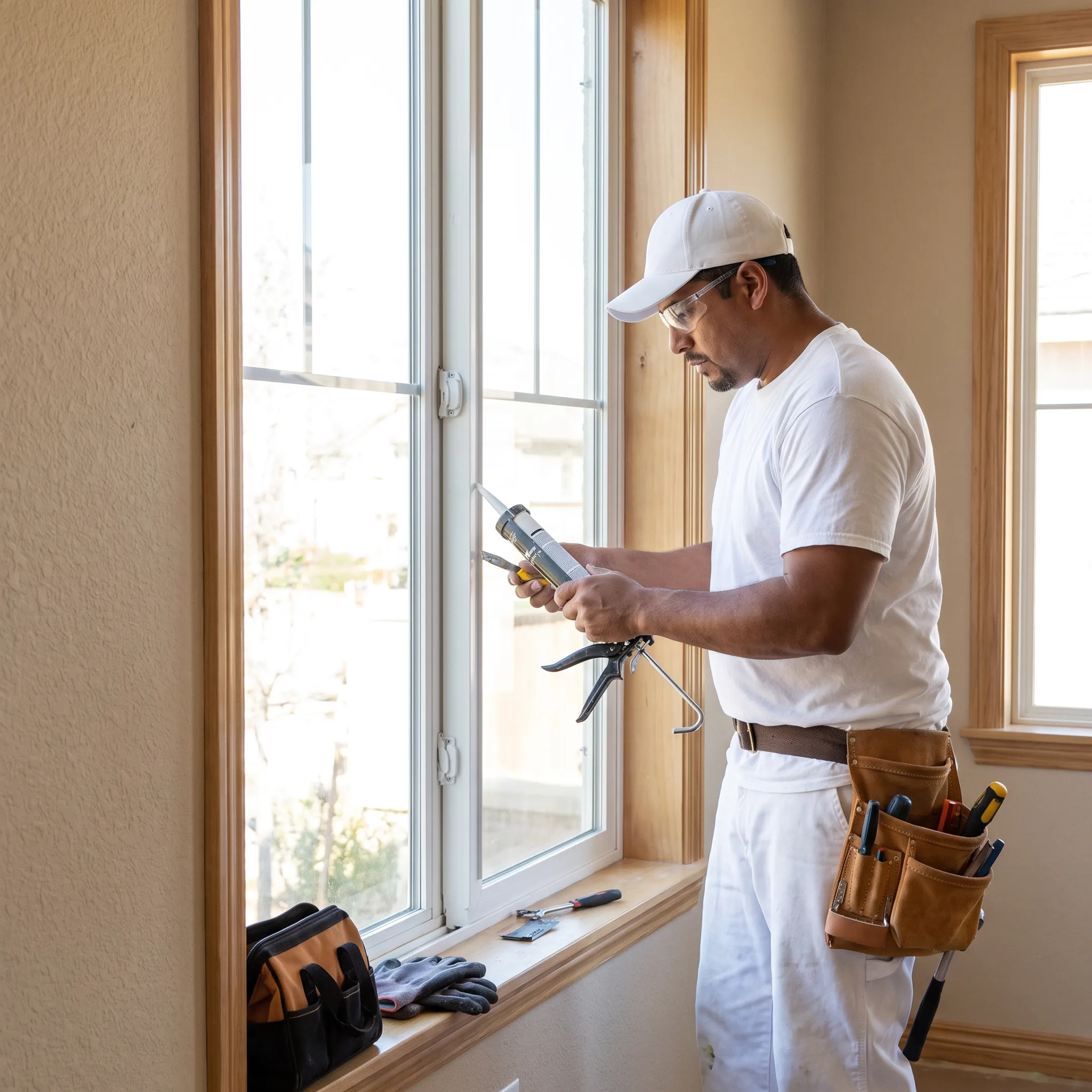 Professional repairing a residential window in a Dallas home