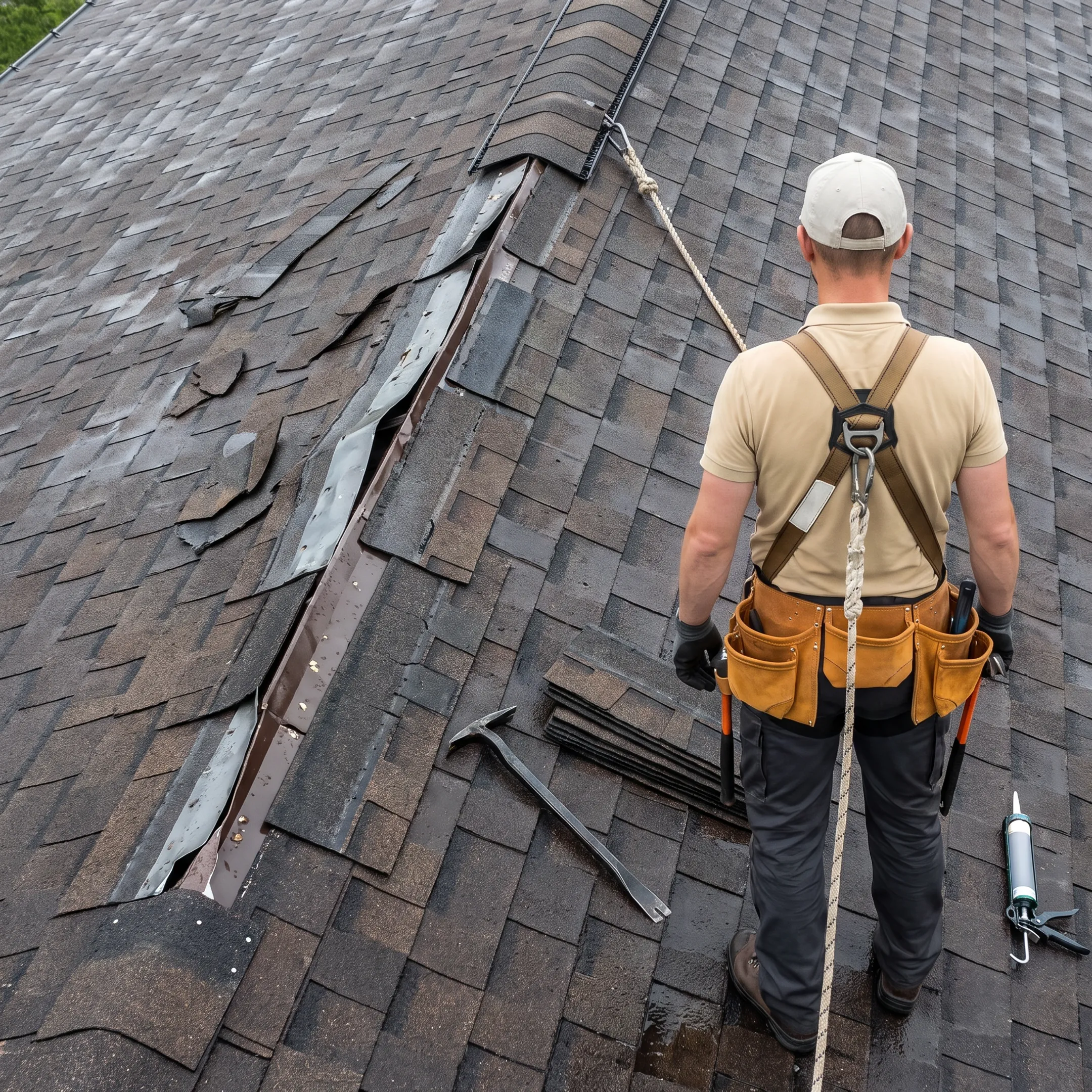 Vetted roofing contractor examining a leaking Houston home roof
