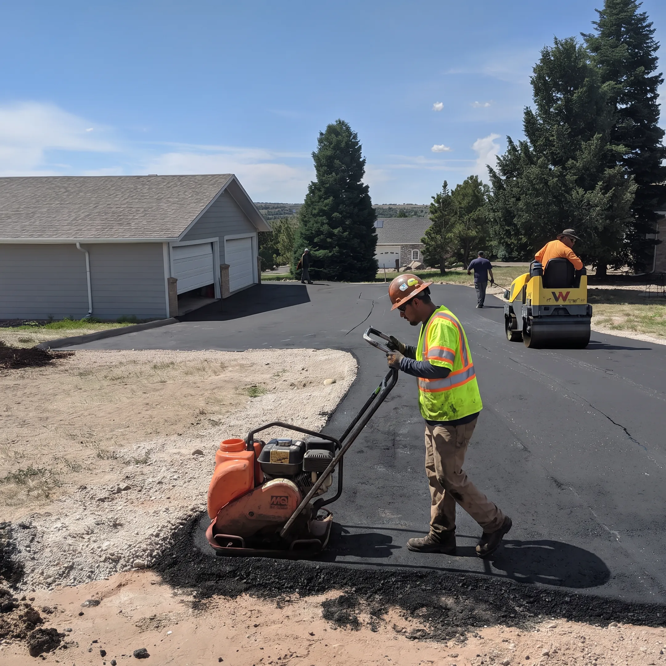 Contractor paving a smooth asphalt driveway with professional equipment