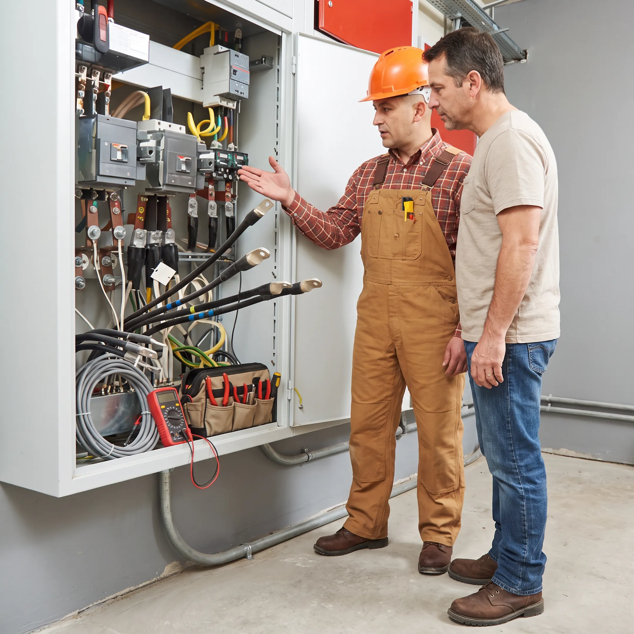Homeowner discussing electrical repairs with an electrician