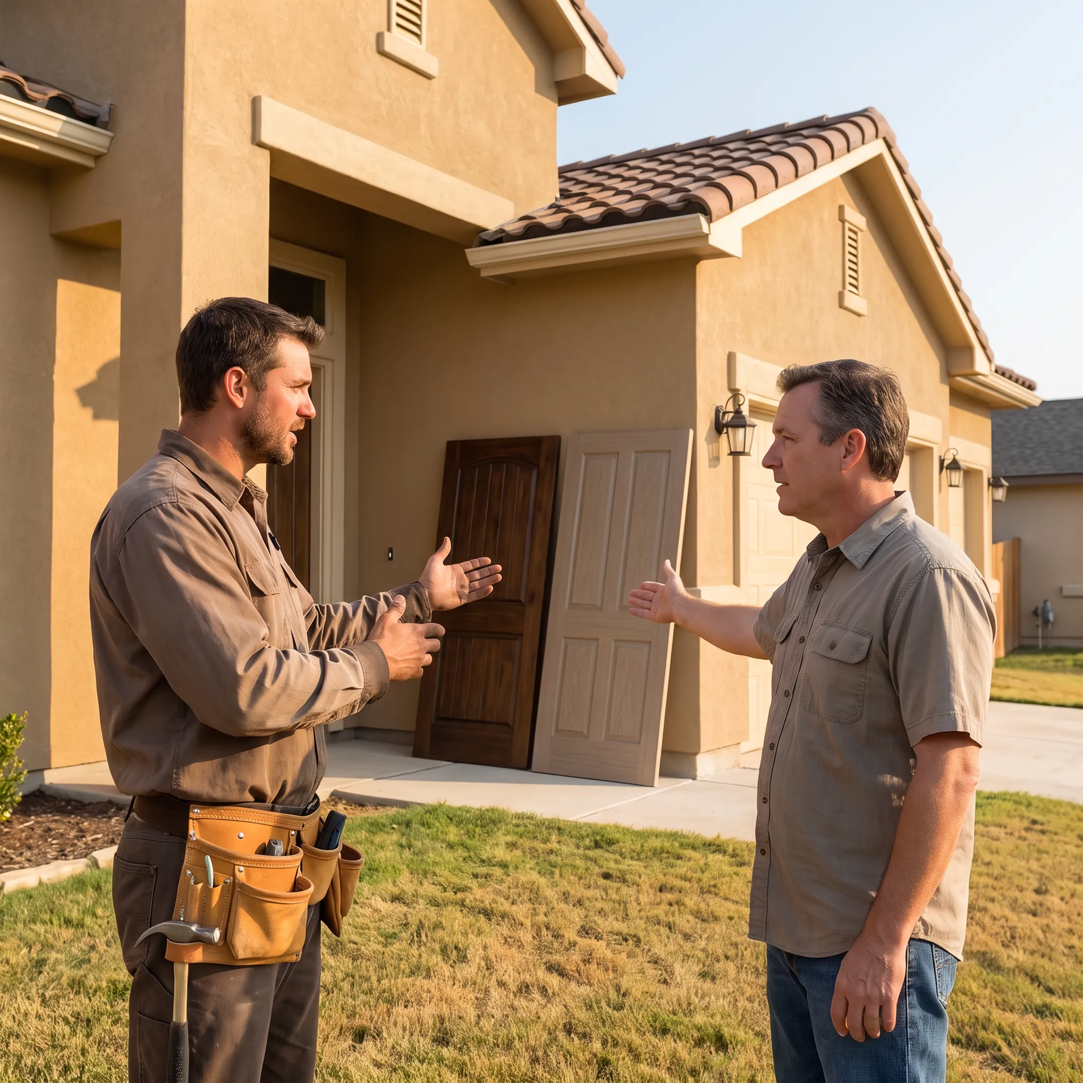 Homeowner reviewing door replacement options with a contractor