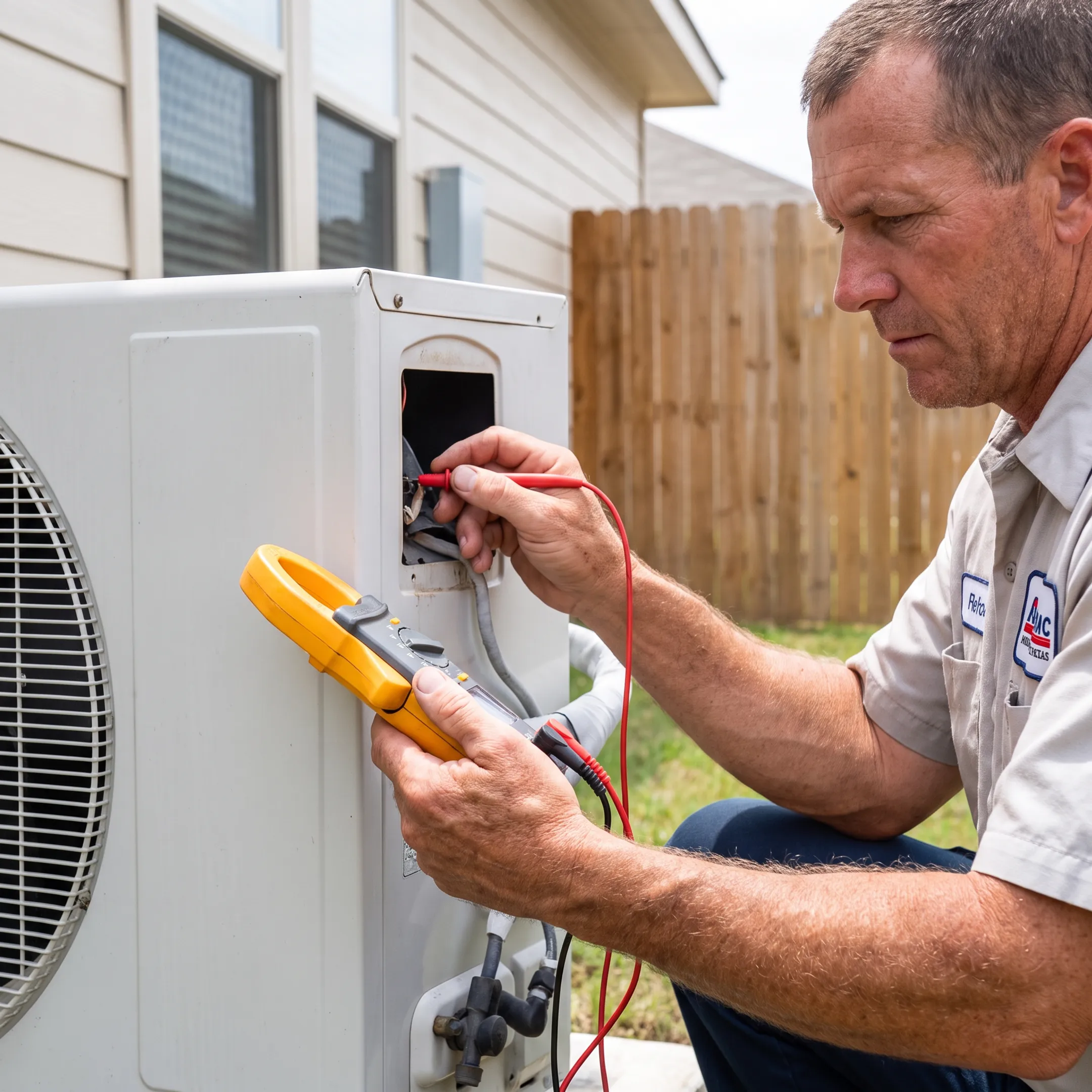 Technician inspecting a residential air conditioning system in San Antonio
