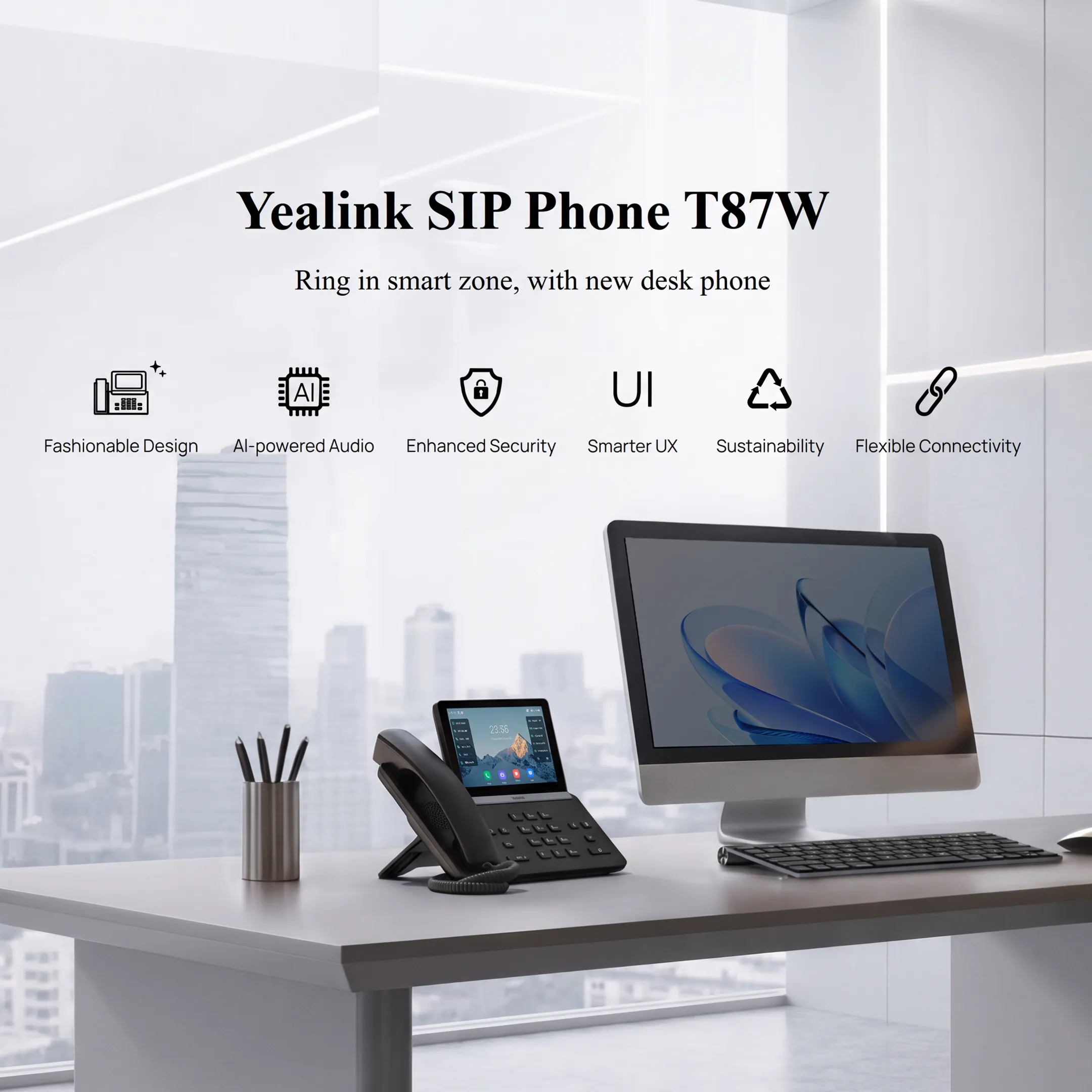 Business headset connected to a desk phone in a professional office
