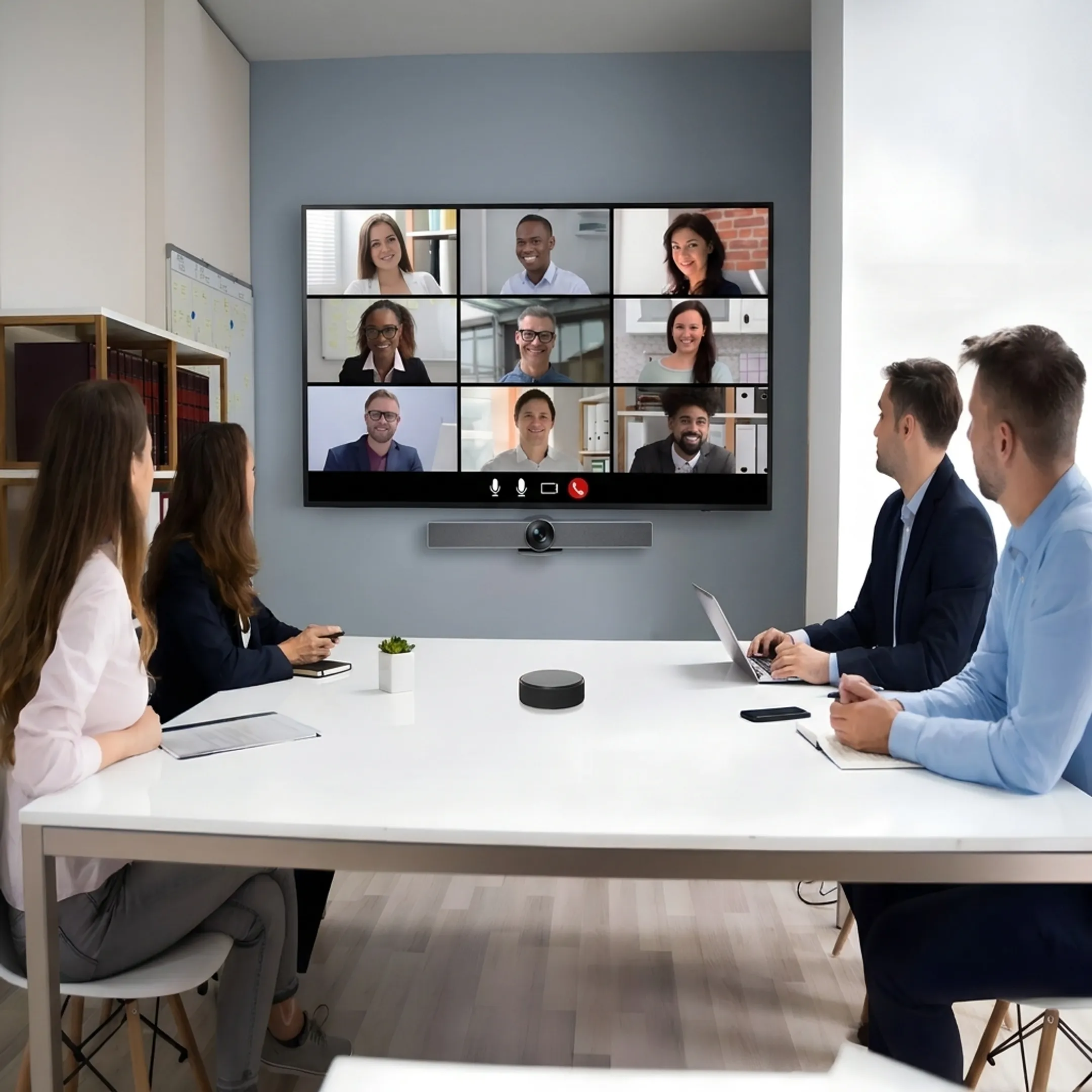 Teams-compatible video bar and speakerphone supporting a business meeting