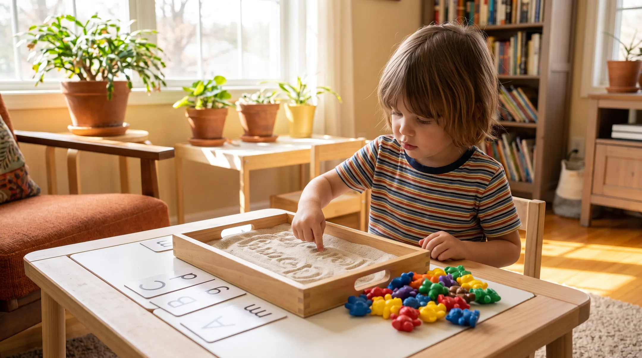 Child using hands-on learning materials for letter and number practice