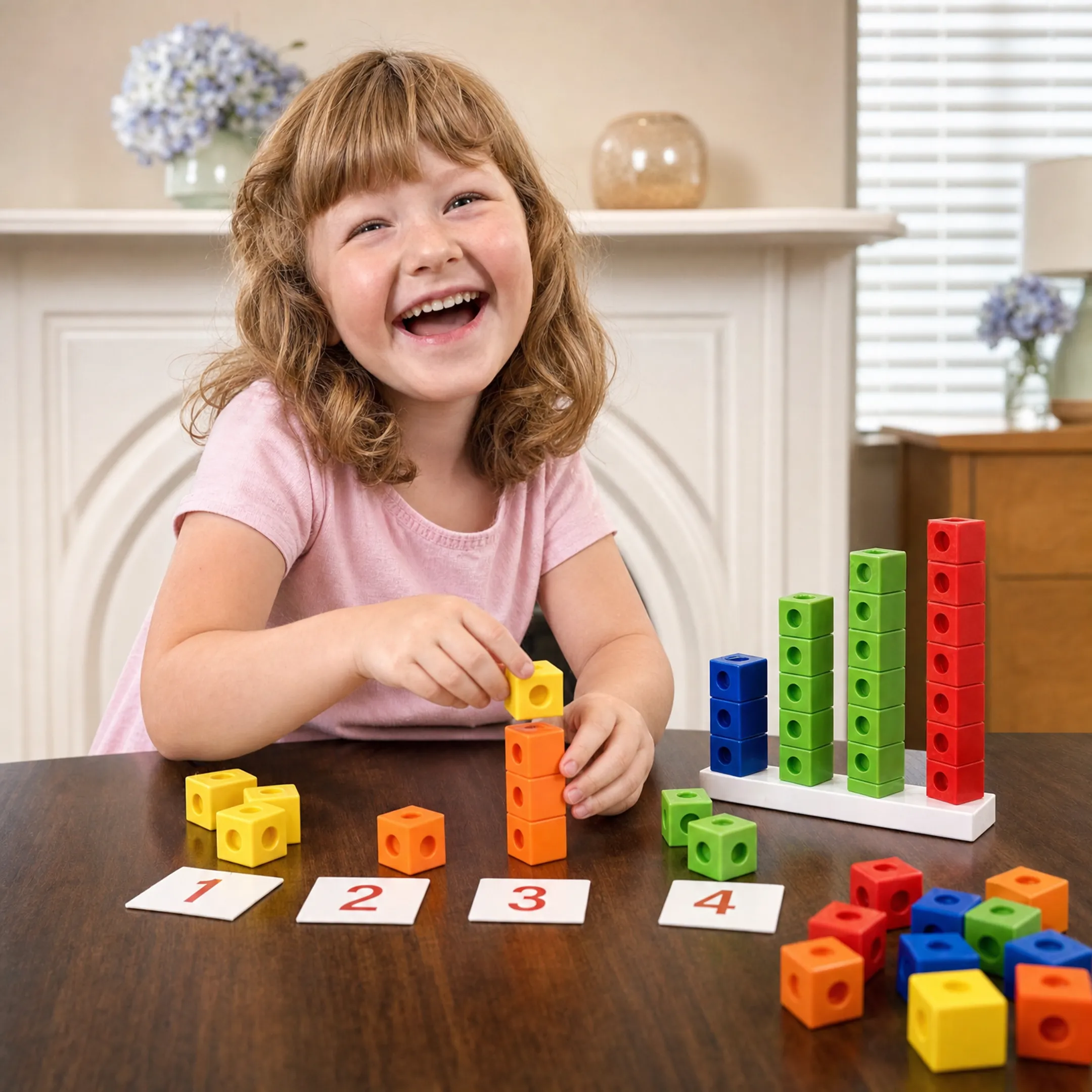 Child using math manipulatives blocks for hands-on counting practice