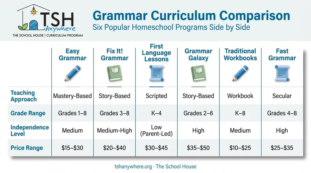 Comparison chart of six top homeschool grammar curriculum programs