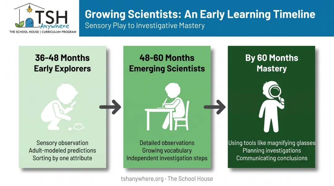 Preschool science milestones timeline from 36 to 60 months