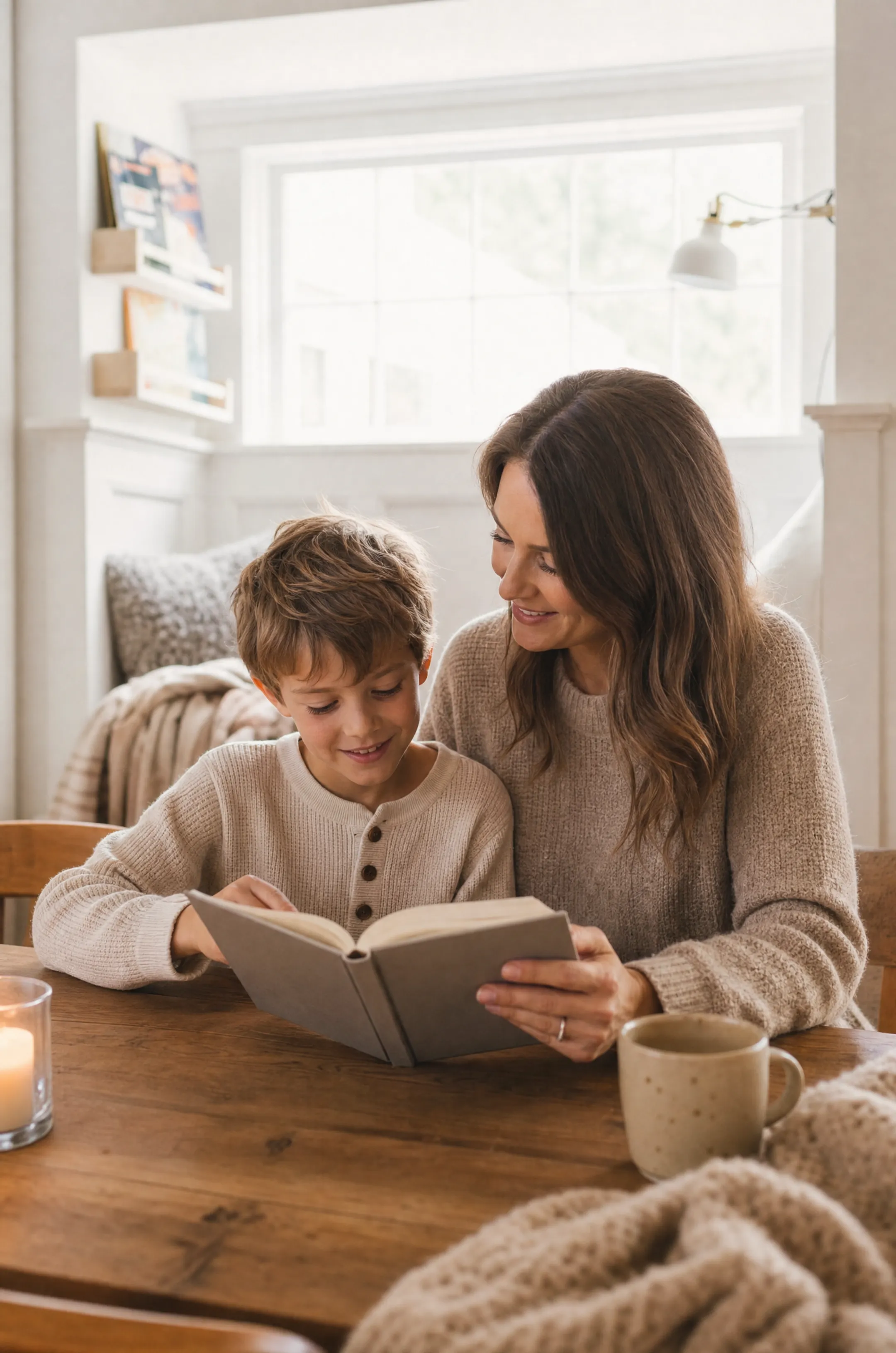 Parent and child reading Christian homeschool devotional book together