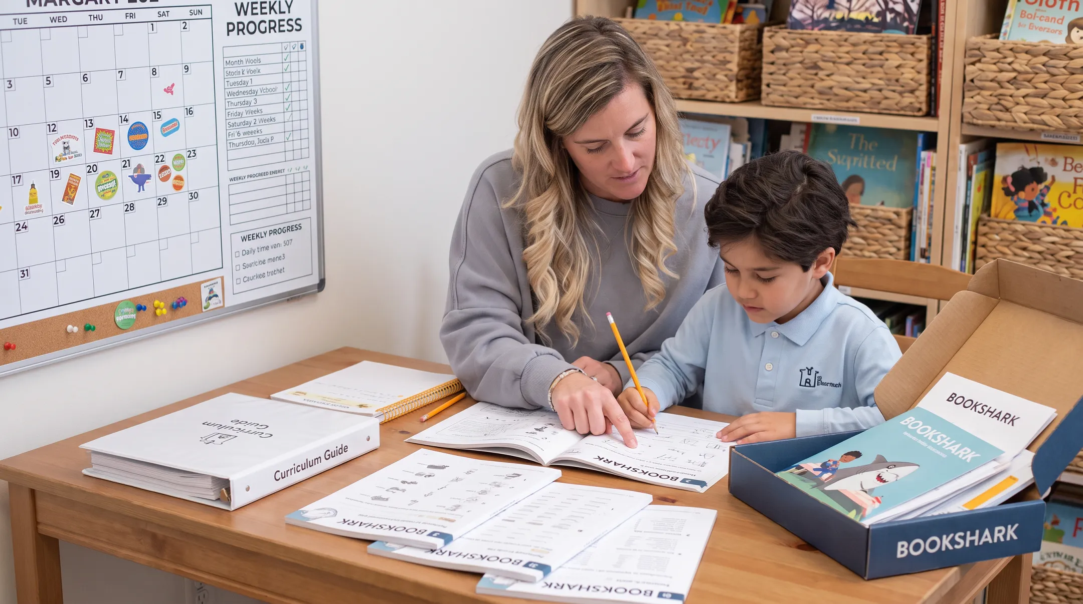 Parent and child using structured homeschool curriculum materials at home