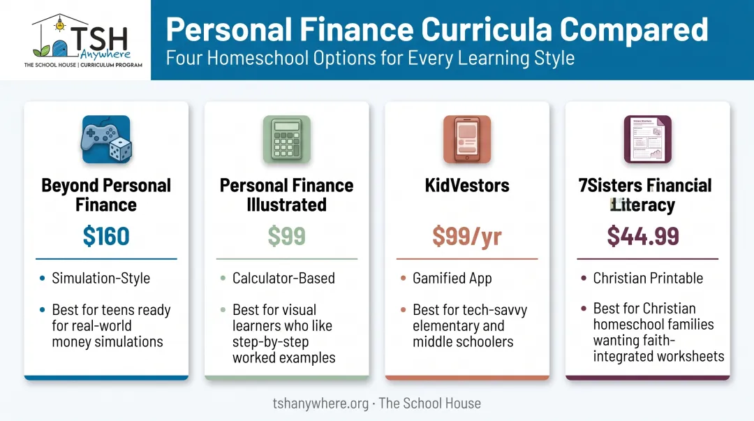 Comparison of four homeschool personal finance curriculum options and pricing