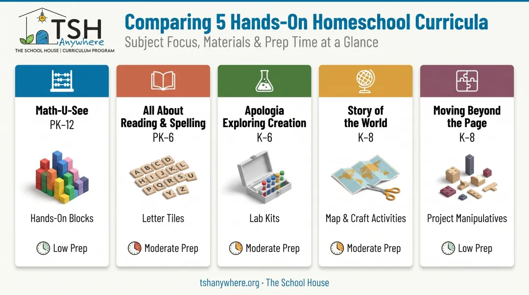 Comparison chart of five hands-on homeschool curricula by subject and features