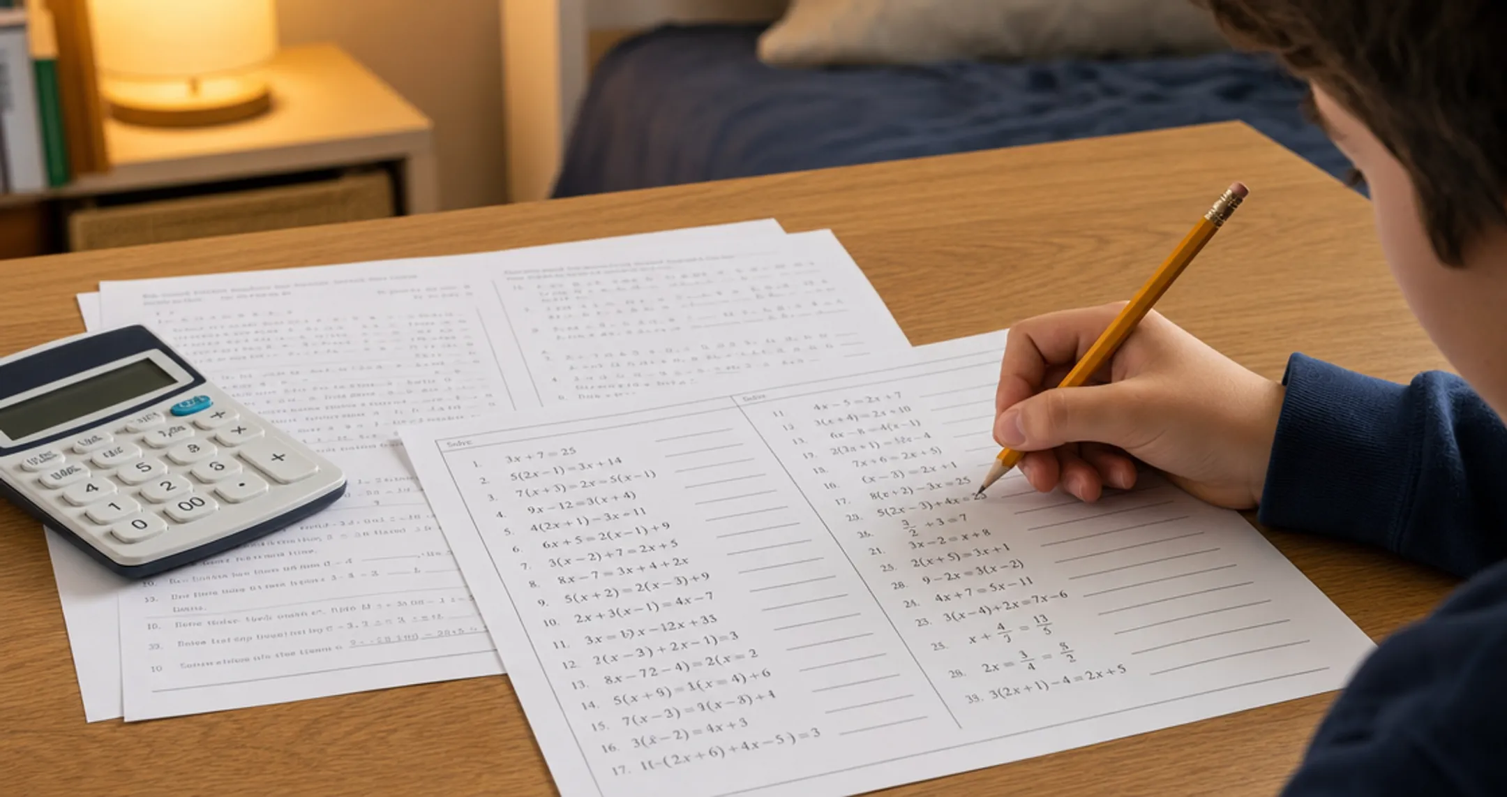 Student working through algebra practice worksheet with pencil and calculator