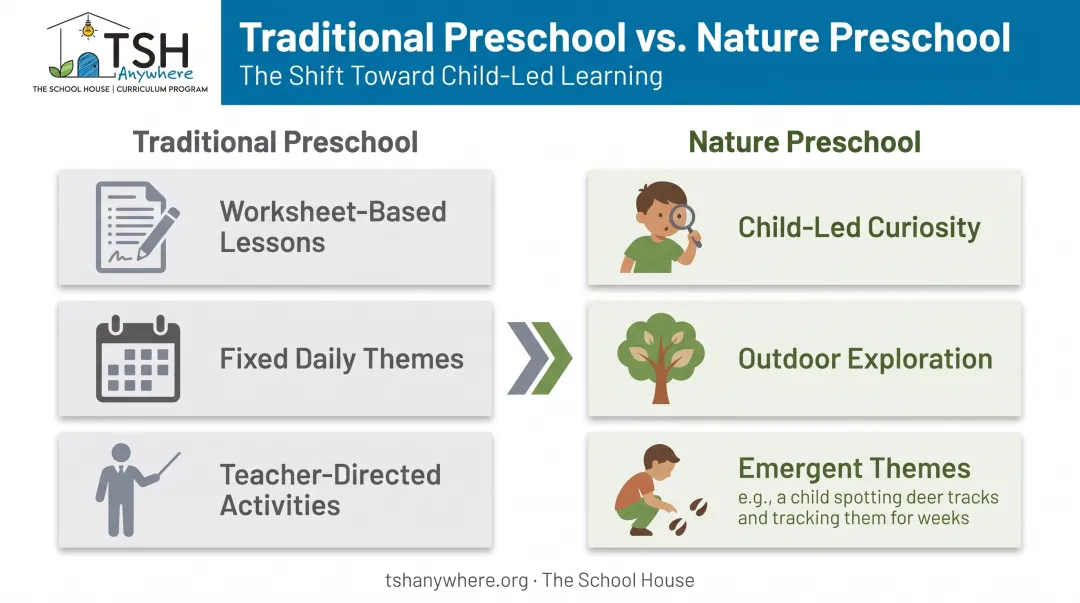 Traditional preschool versus child-led nature preschool curriculum comparison