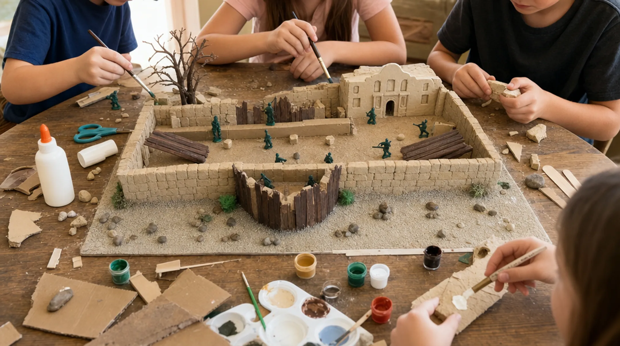 Children building Spanish mission diorama model for Texas history project