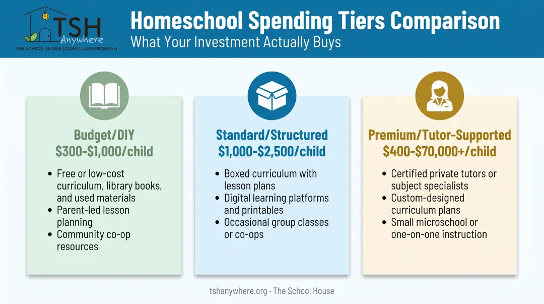 Three-tier homeschool cost breakdown from budget to premium options