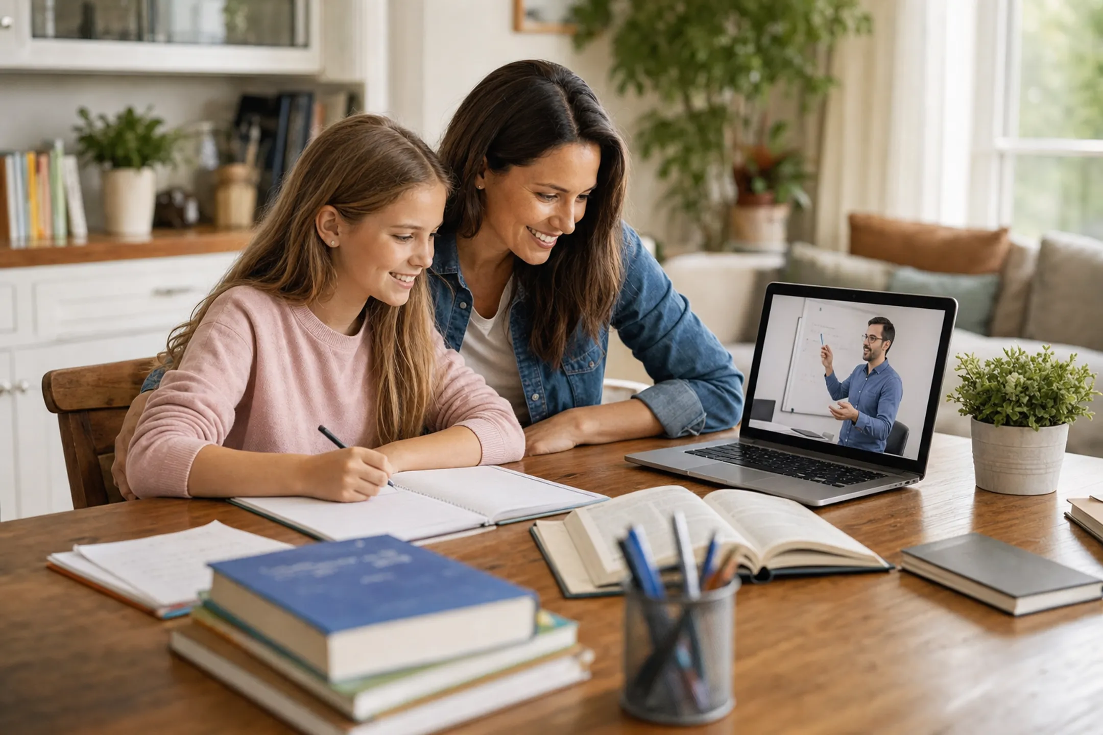 Parent and child engaged in online homeschool lesson at home