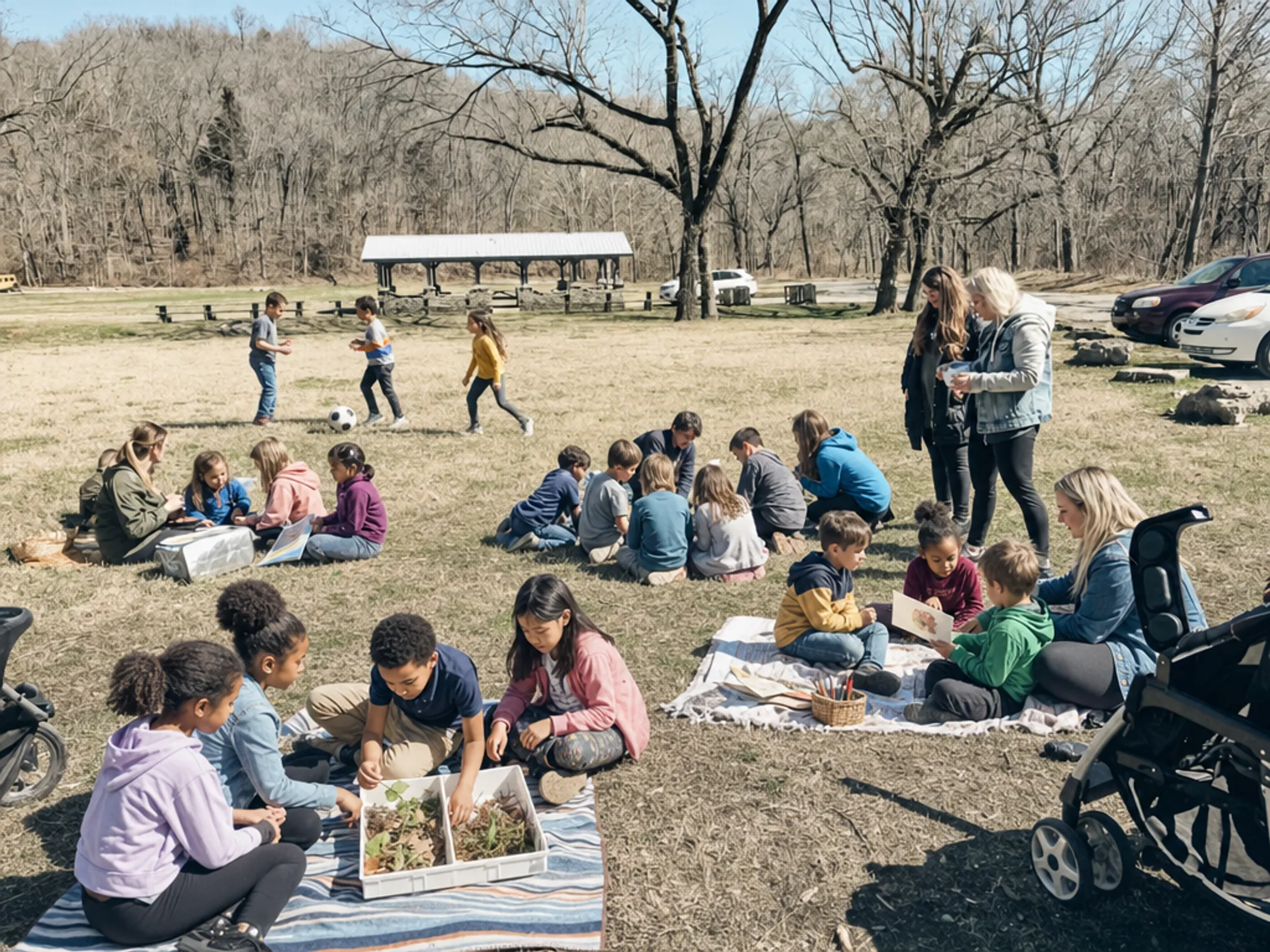 Diverse group of homeschooled children participating in outdoor co-op activities