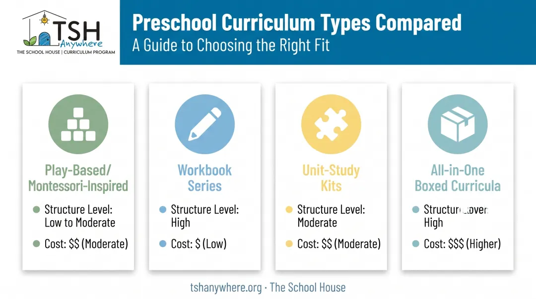 Comparison of four popular preschool homeschool curriculum types available