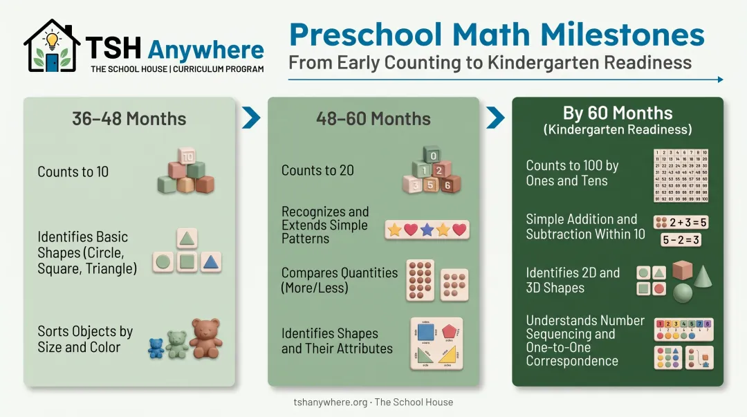 Preschool math milestones comparison chart for ages three four five