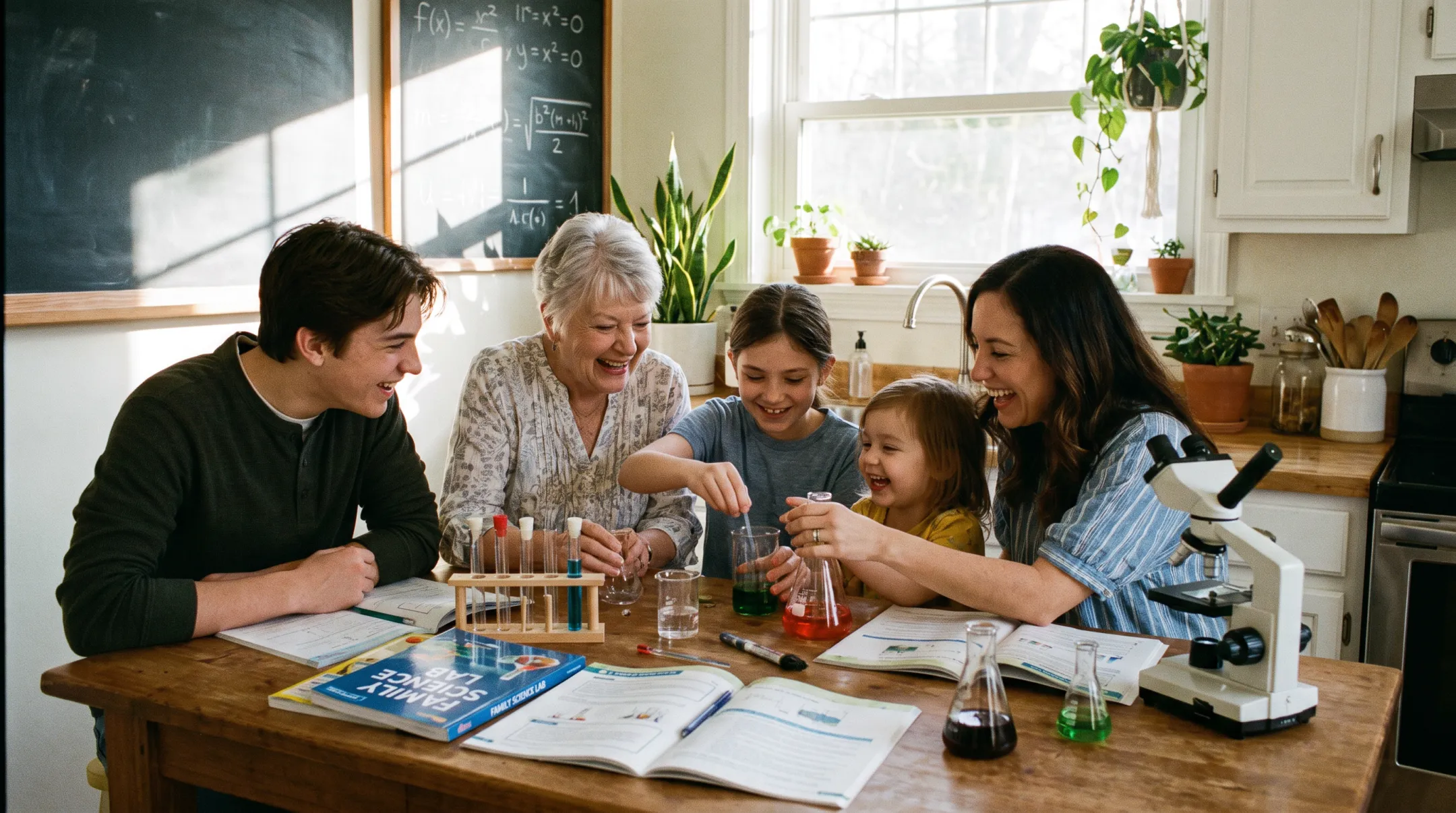 Family conducting hands-on science experiment together at kitchen table