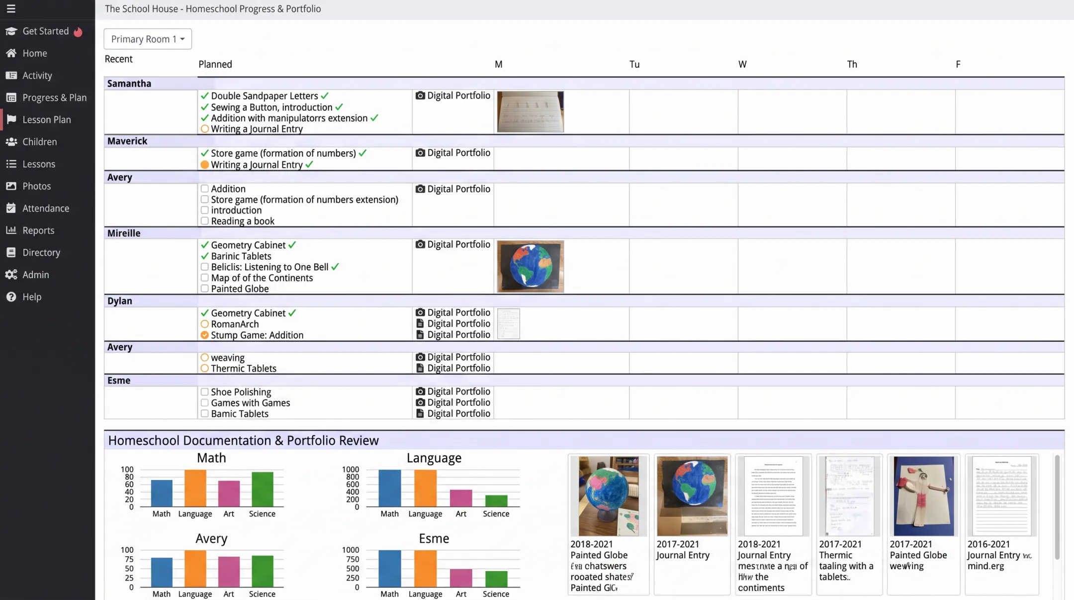 The School House AEC curriculum dashboard showing progress tracking portfolio