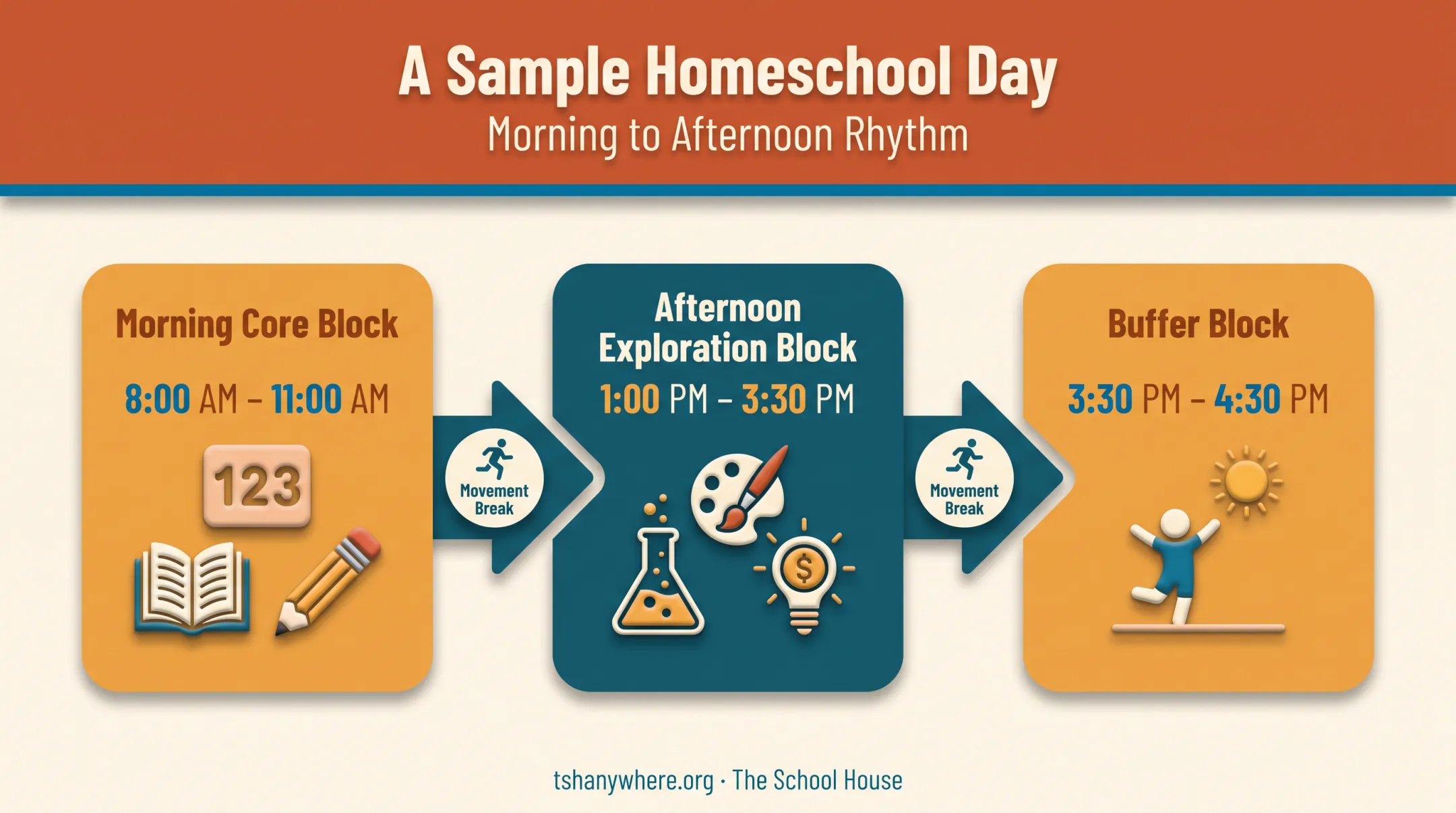 Daily homeschool block schedule with morning core and afternoon exploration blocks