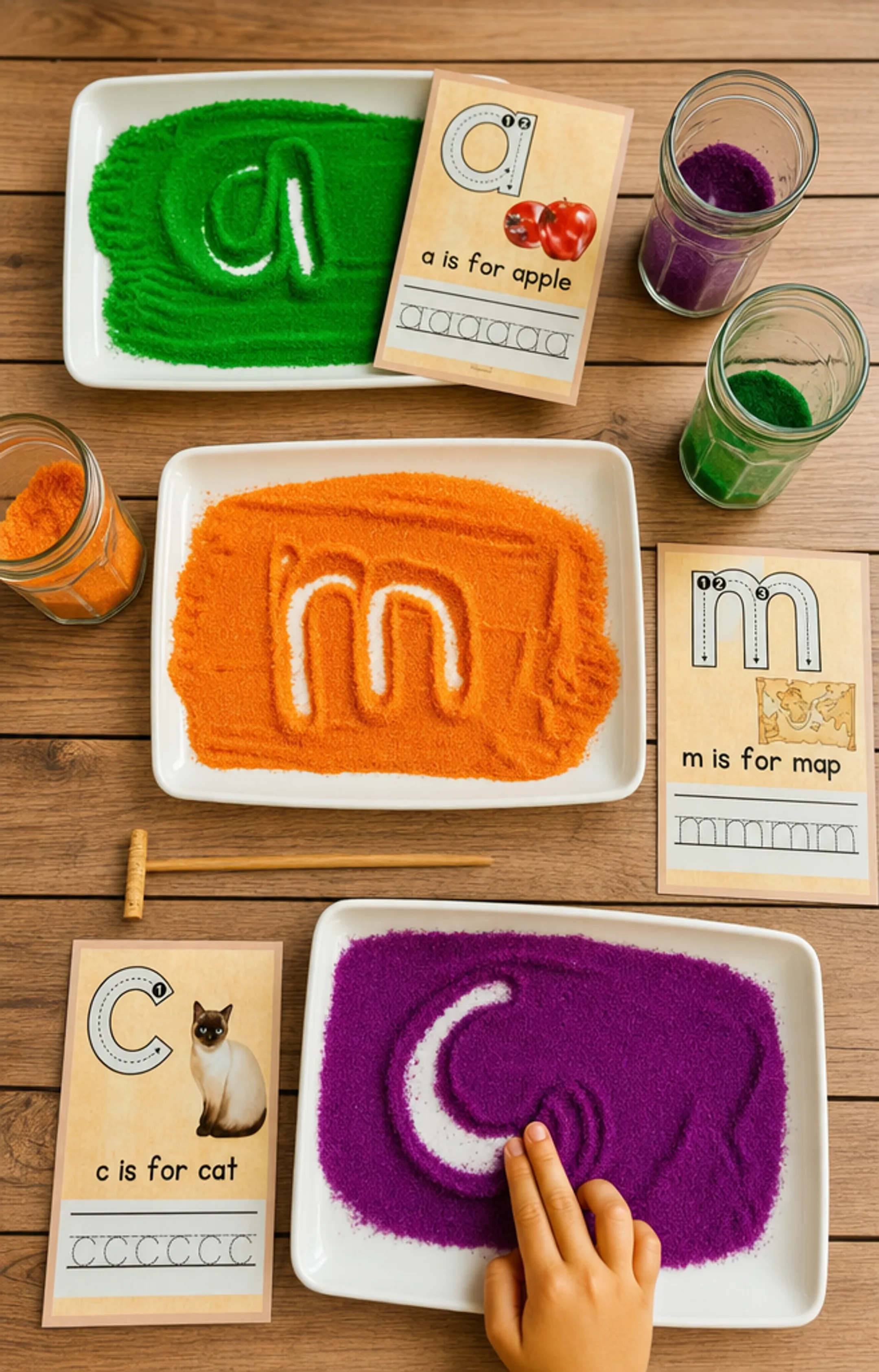 Child using multisensory letter tiles and sand tracing for phonics practice