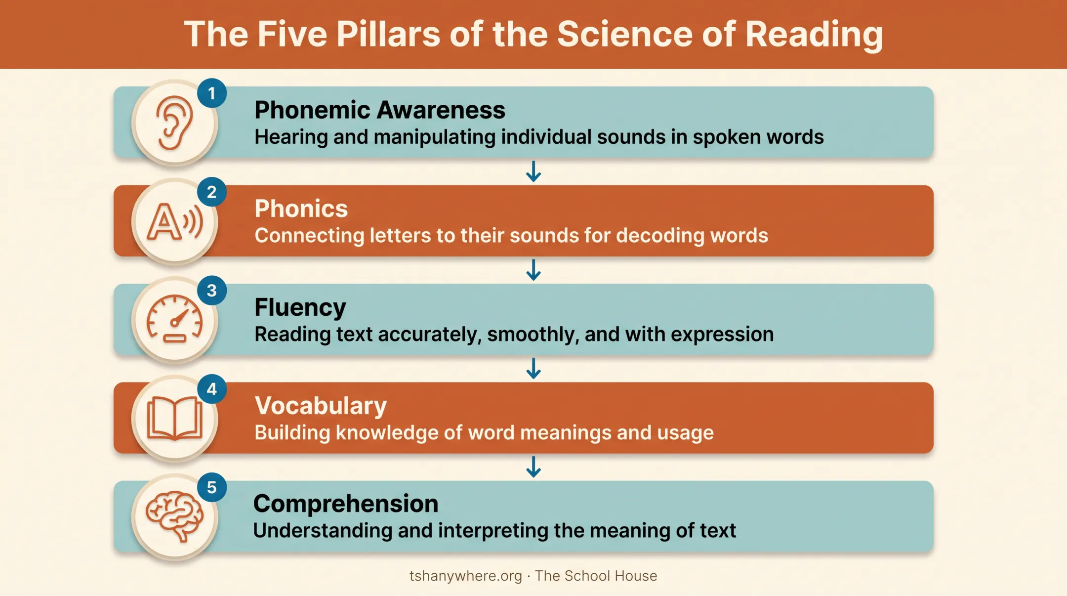 Five pillars of Science of Reading phonics fluency comprehension diagram