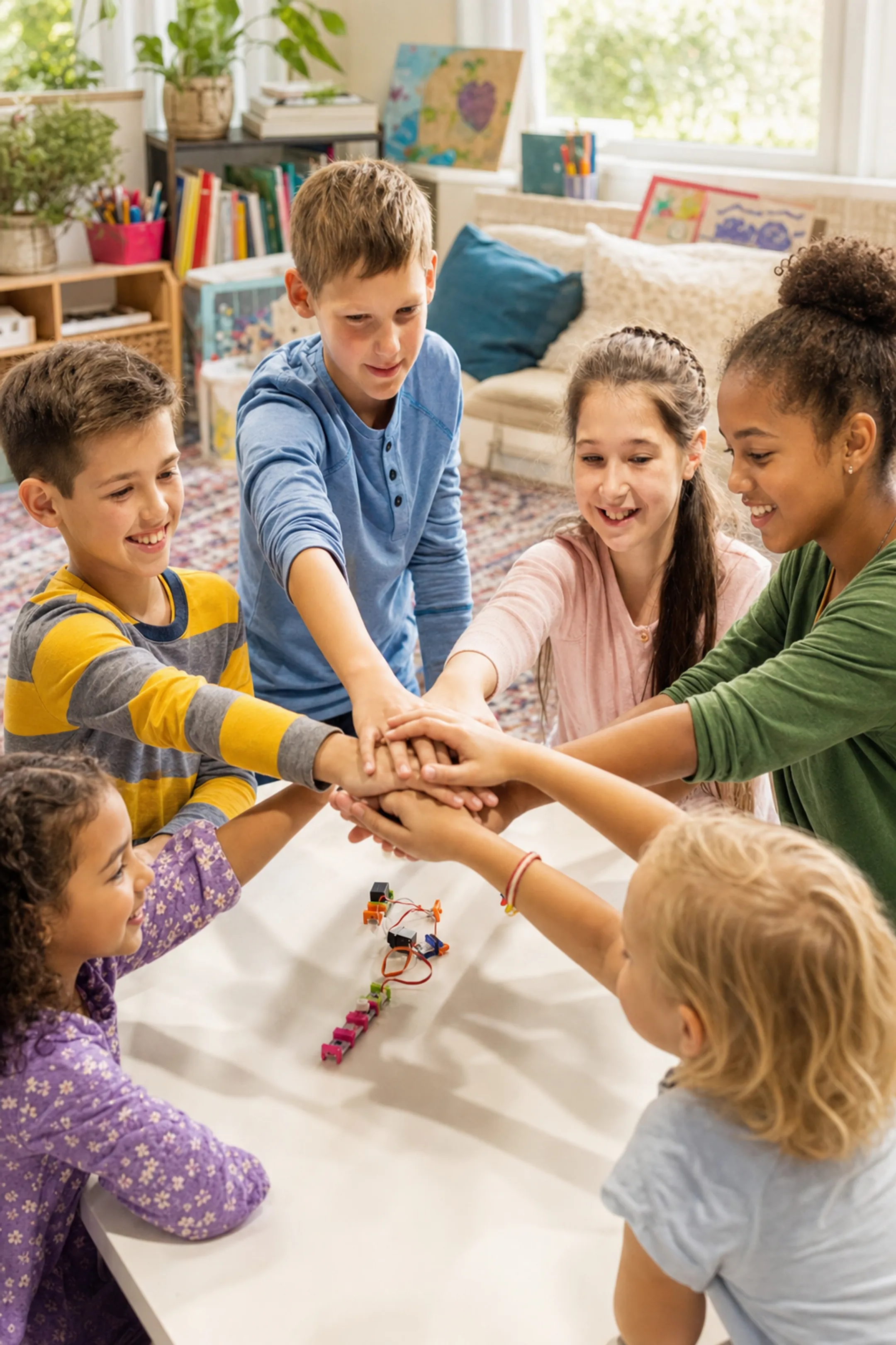 Homeschooled children collaborating during group co-op class activity
