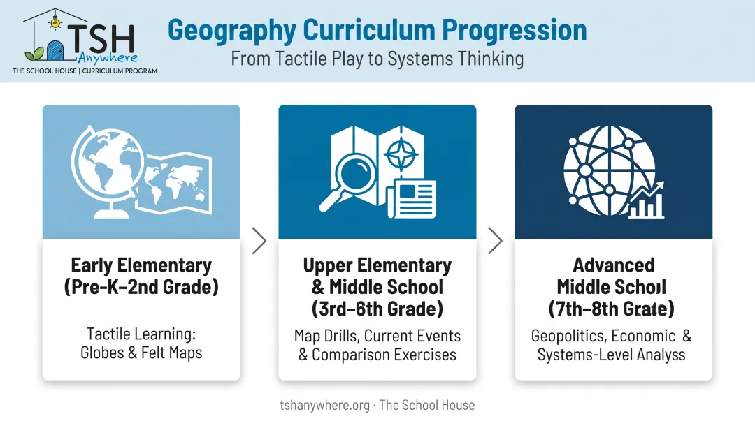 Geography curriculum progression from early elementary to high school levels