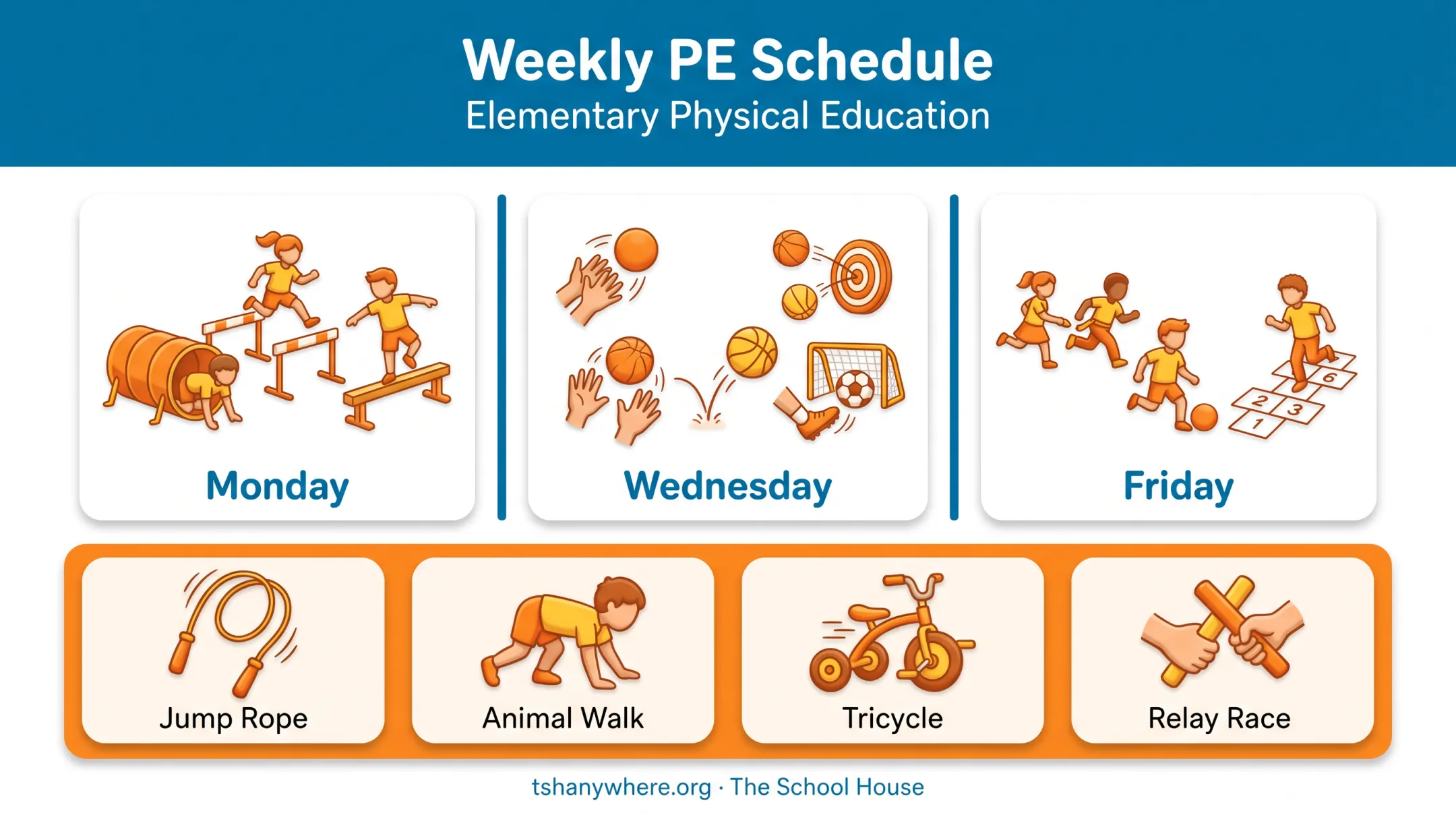 Weekly elementary homeschool PE schedule with obstacle courses and games