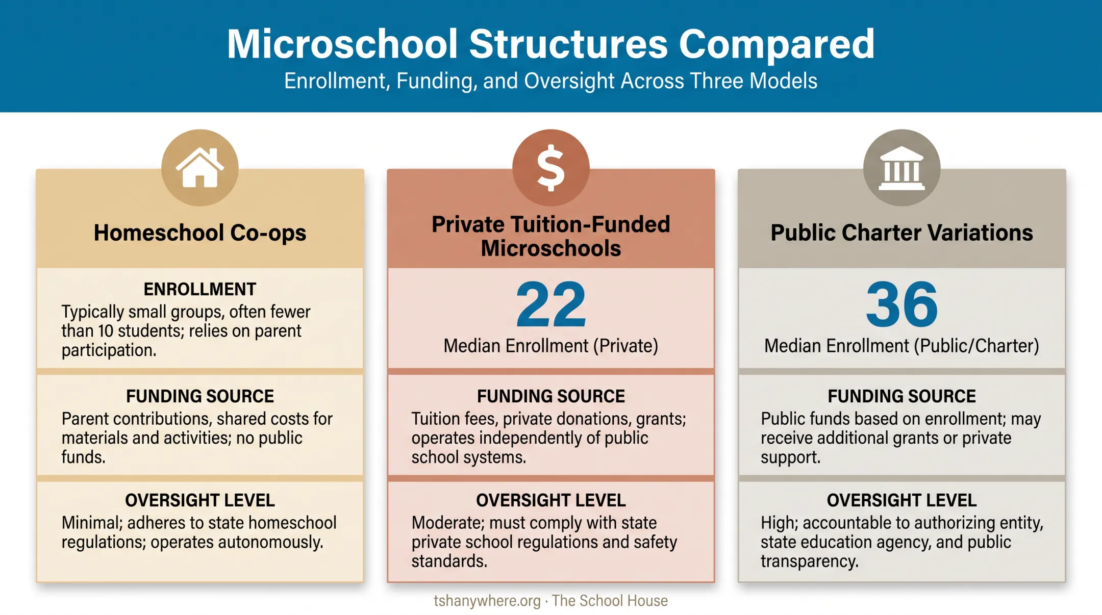 Microschool structure types comparing enrollment size and funding model