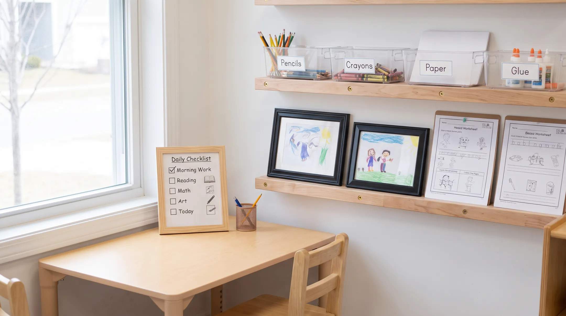 Organized homeschool corner with labeled supply bins and checklist