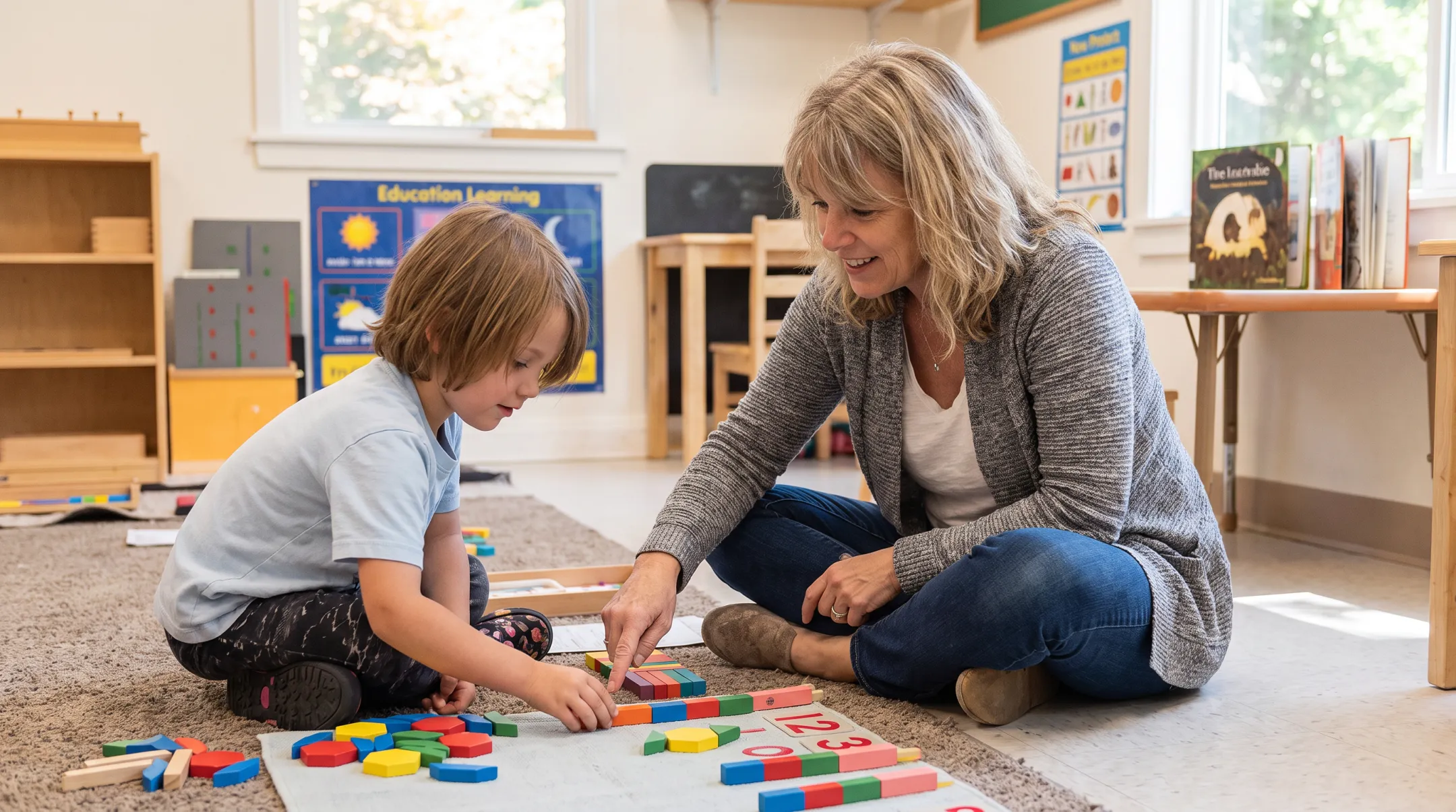 Homeschool student using hands-on math manipulatives with teacher support