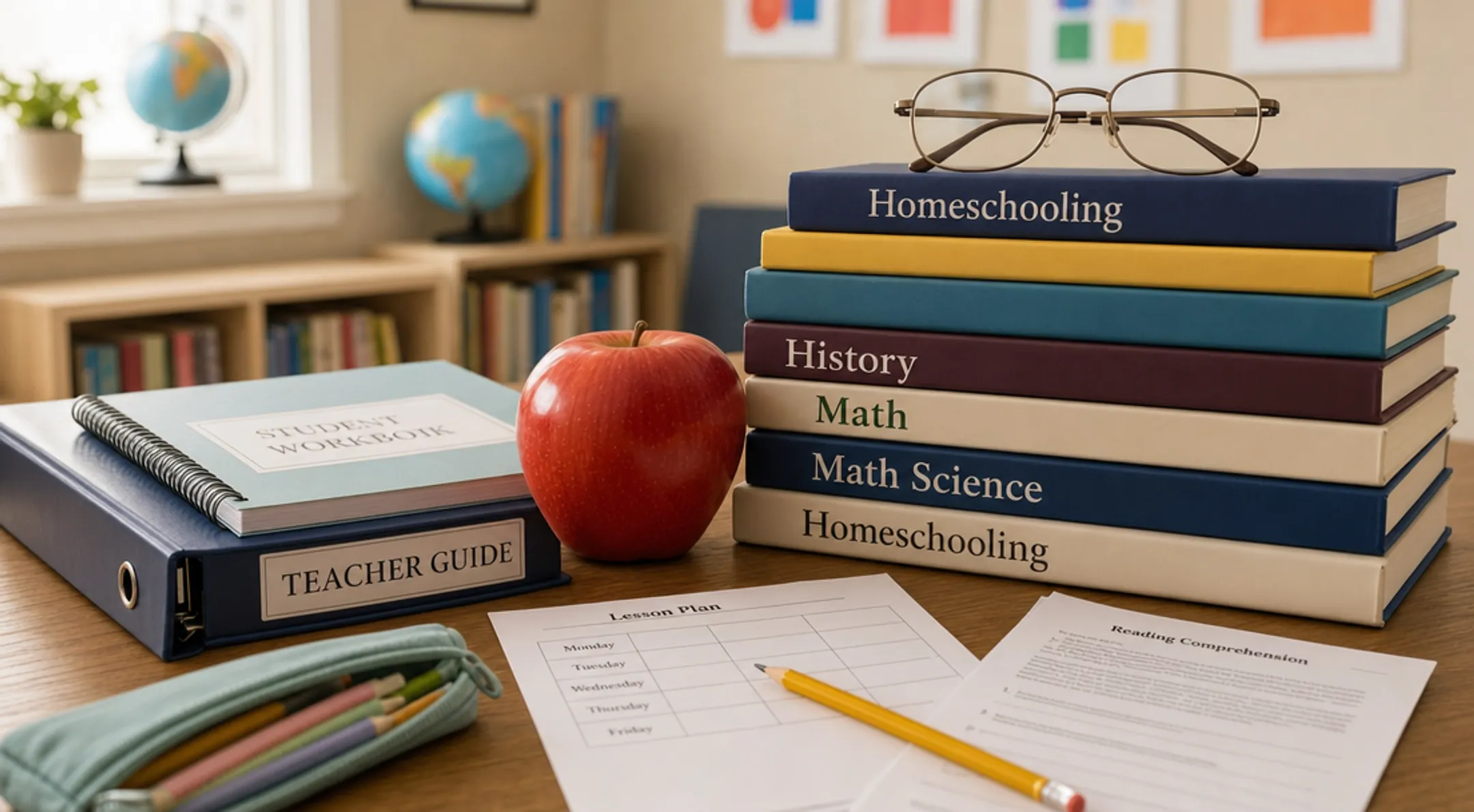 Stack of traditional homeschool curriculum textbooks and workbooks on desk