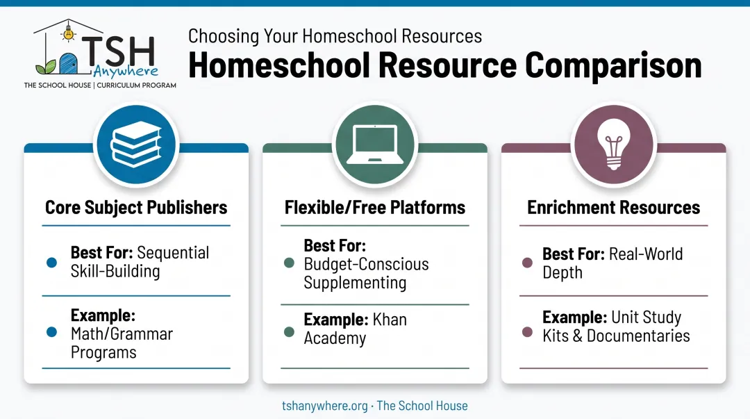 Three categories of eclectic homeschool resources comparison chart