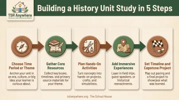 5-step process flow for building a homeschool history unit study