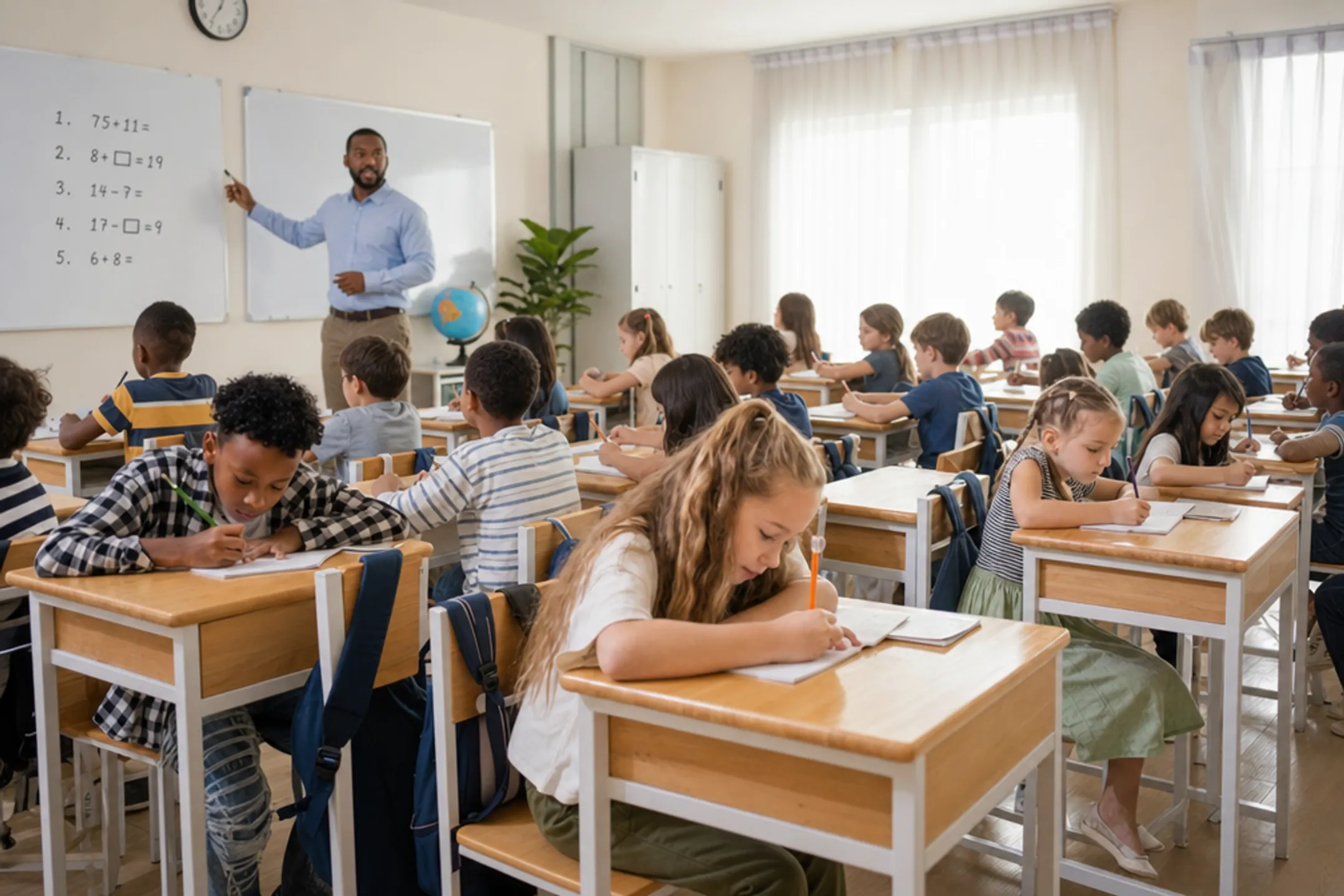Crowded public school classroom with students and teacher during lesson
