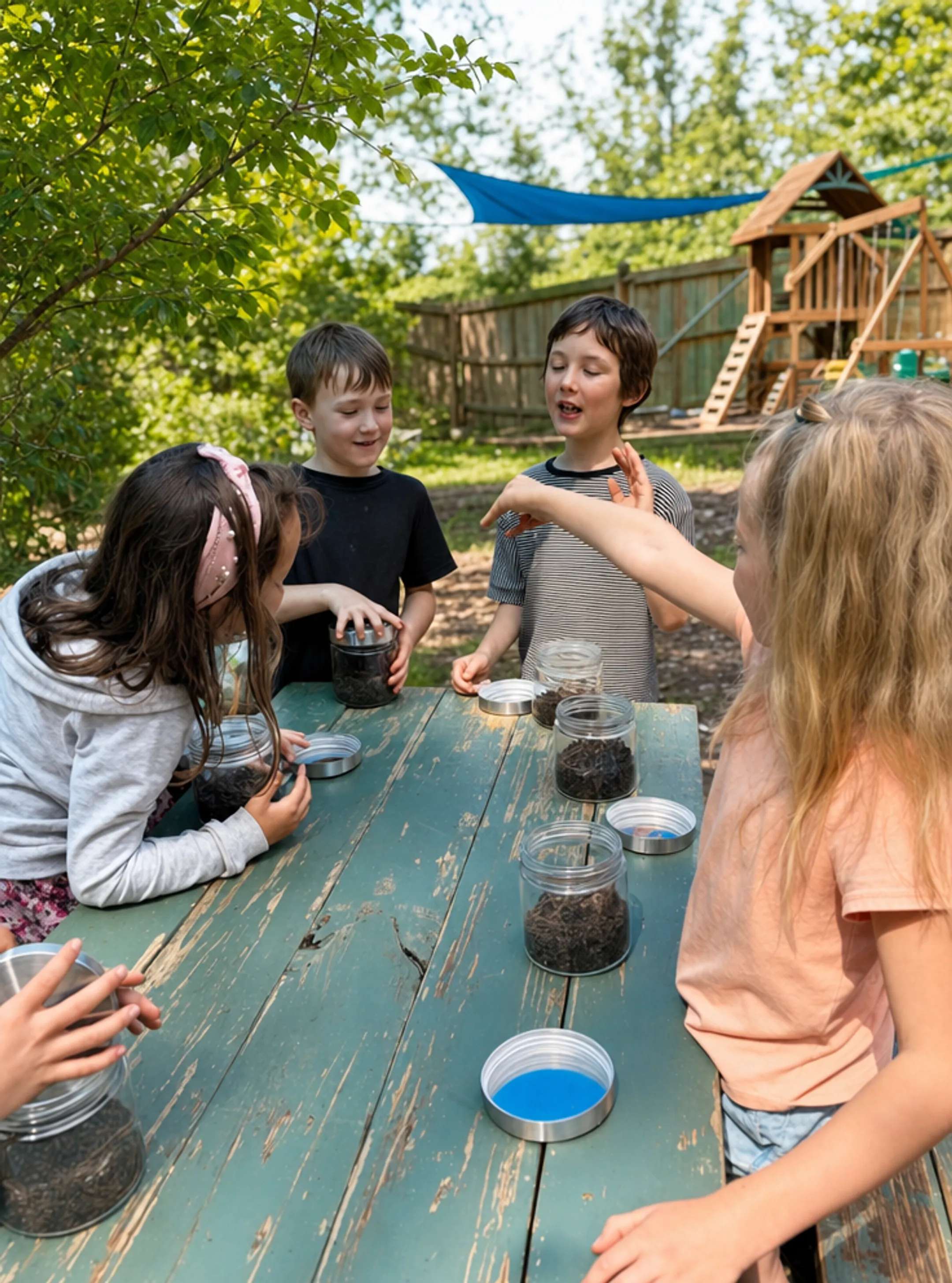 Homeschooled children participating in group co-op learning activity outdoors