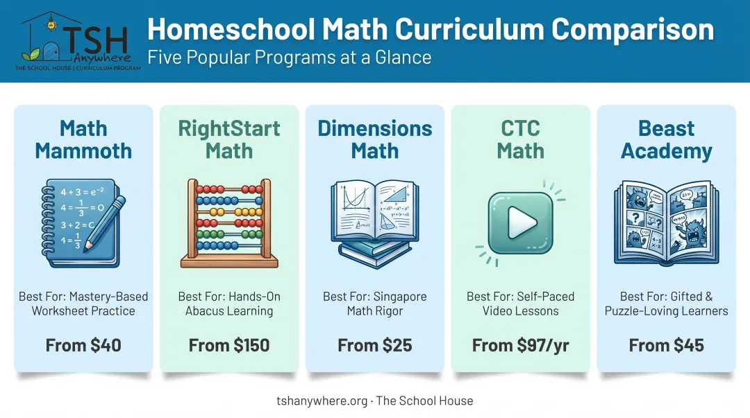 Comparison chart of top 5 secular homeschool math curricula for 2026