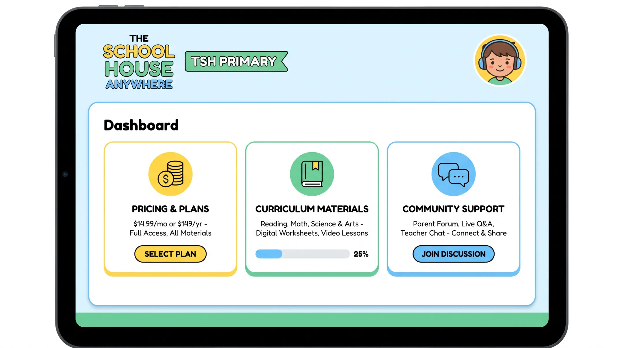 TSH Primary kindergarten curriculum dashboard showing pricing and support features