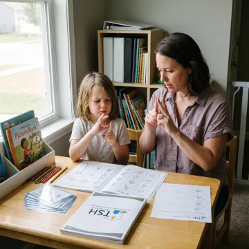 Parent teaching a child sign language at home
