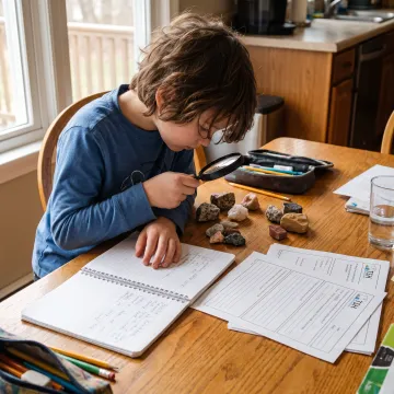 Child recording observations of rocks in a homeschool science notebook