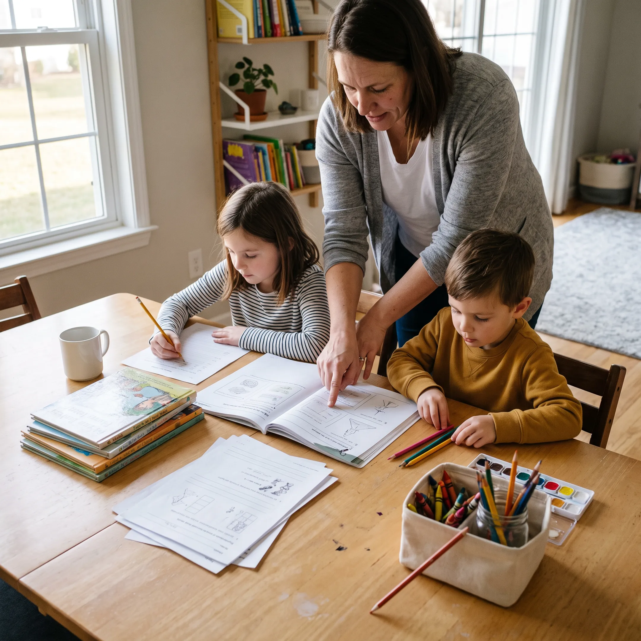Parent and children learning together at home