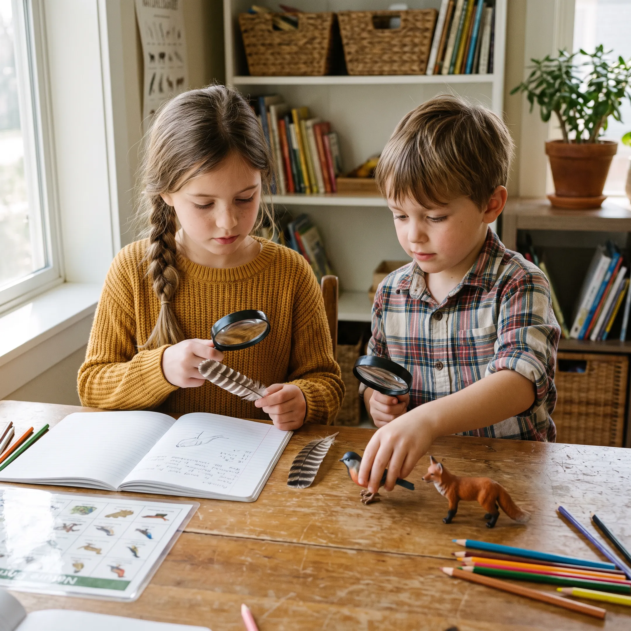 Homeschool learners examining animal specimens and science materials