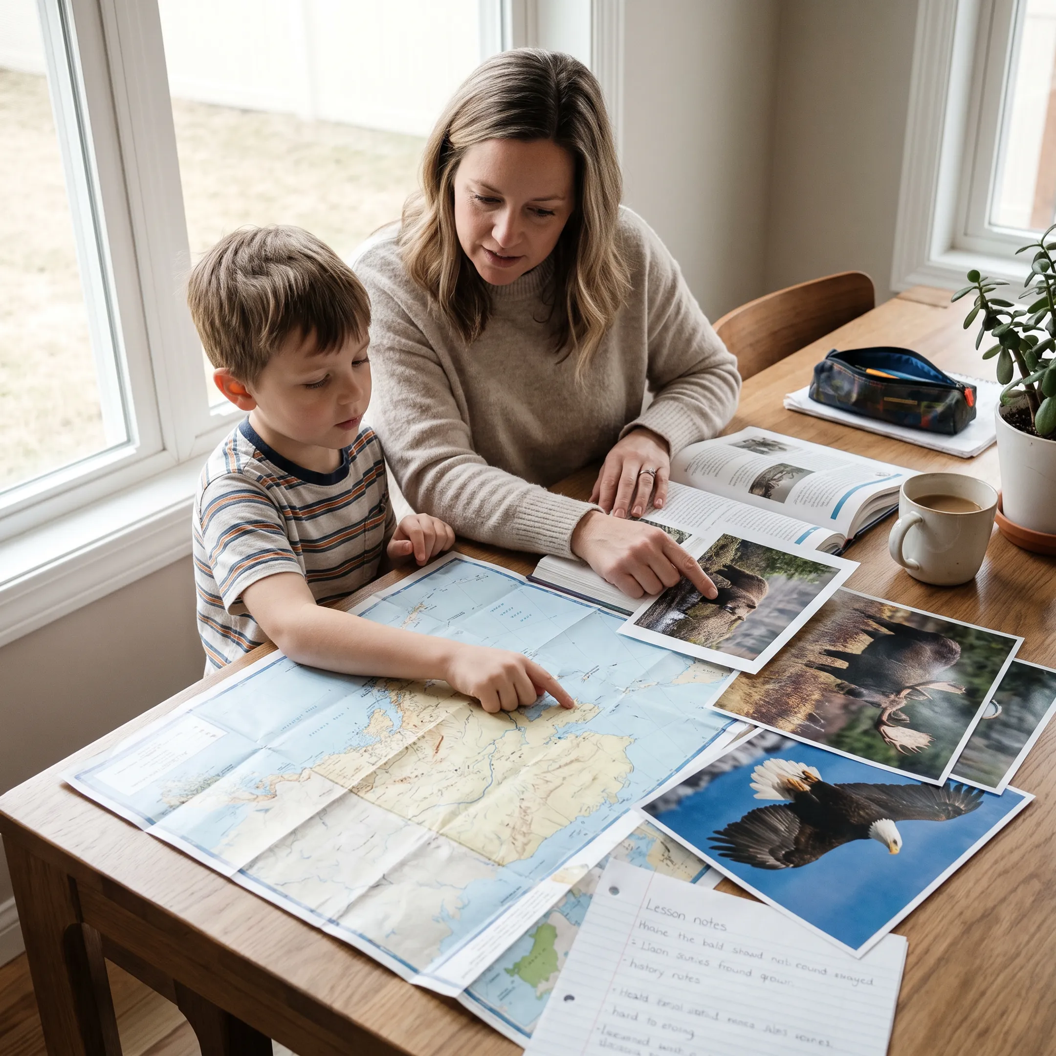 Parent and child studying Alaska history at home